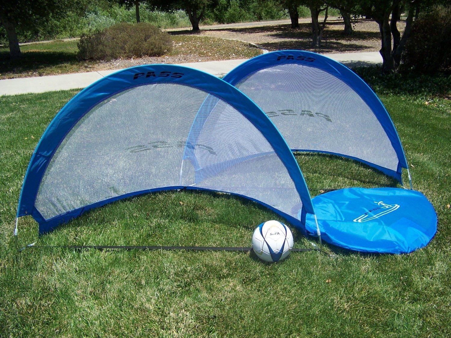 PASS "Footer Pop up/Fold-able & Portable Soccer Football Nets. (Pair). Comes with Carry Case, One Year Warranty.