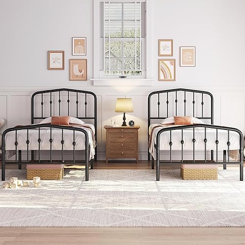 Yaheetech Marco de cama individual, cama de plataforma de metal con cabecera y estribo de hierro forjado de estilo victorianofácil montajeno