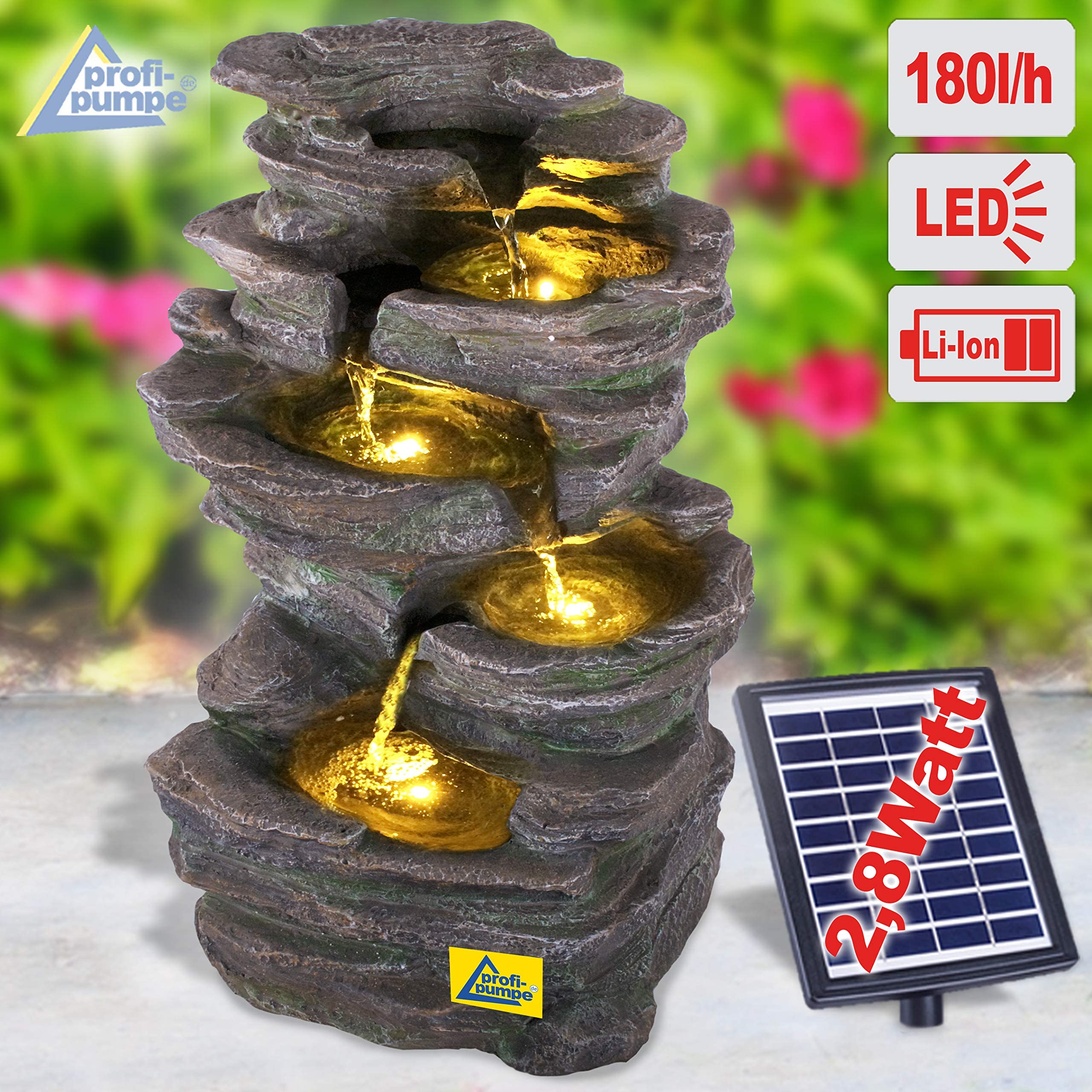 Solar Gartenbrunnen Brunnen Solarbrunnen Zierbrunnen Wasserfall Gartenleuchte Teichpumpe für Terrasse, Balkon, mit Pumpen, mit Liion-Akku & Led-Licht (KÖNIGS-FELS)