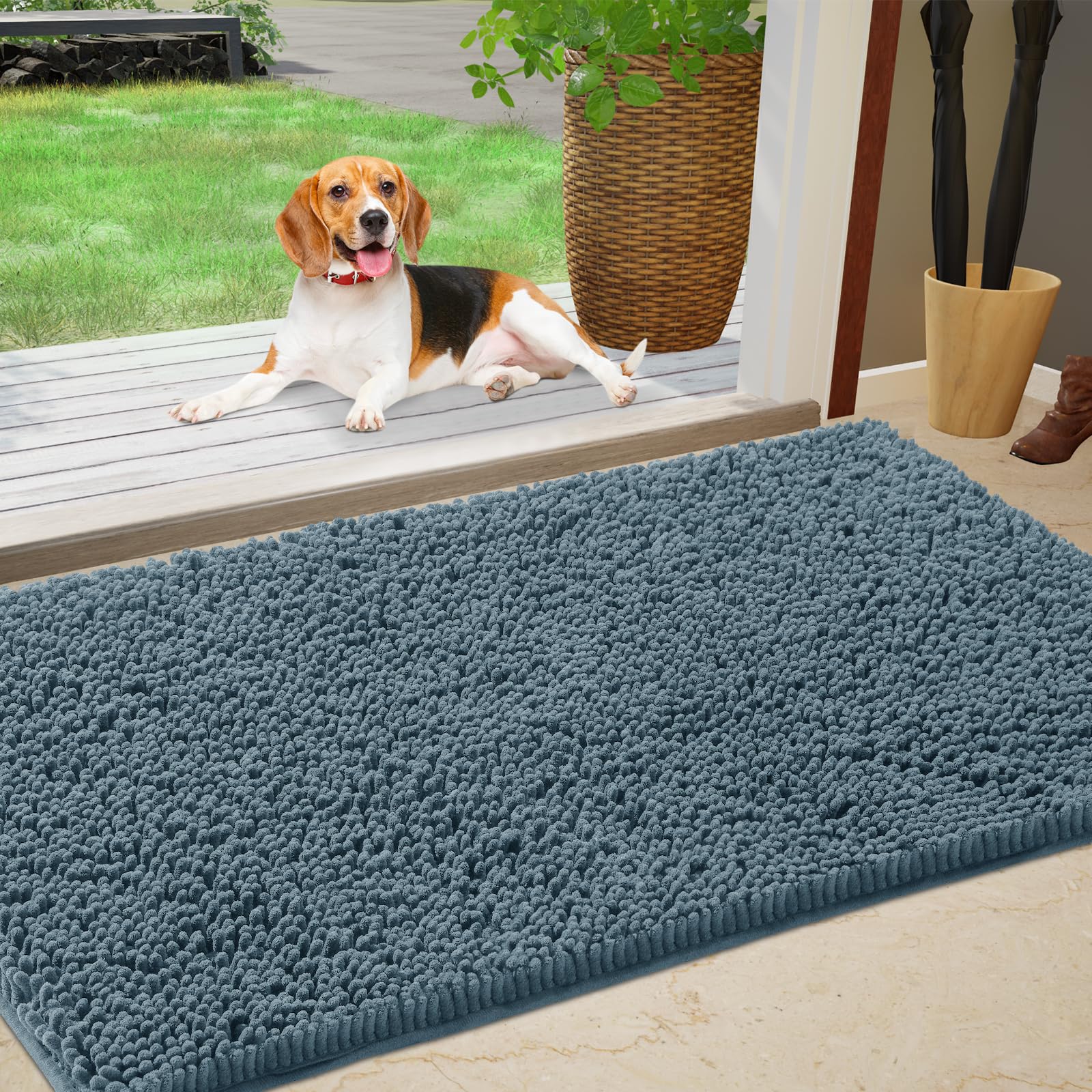 IM HOME Chenille Absorbent Outdoor Doormat 60" x 36", Washable Muddy Door Mats for Dog Non Slip Indoor Doormat Dog Mat for Muddy Paw Front Inside Doormats for Entryway Dusty Blue
