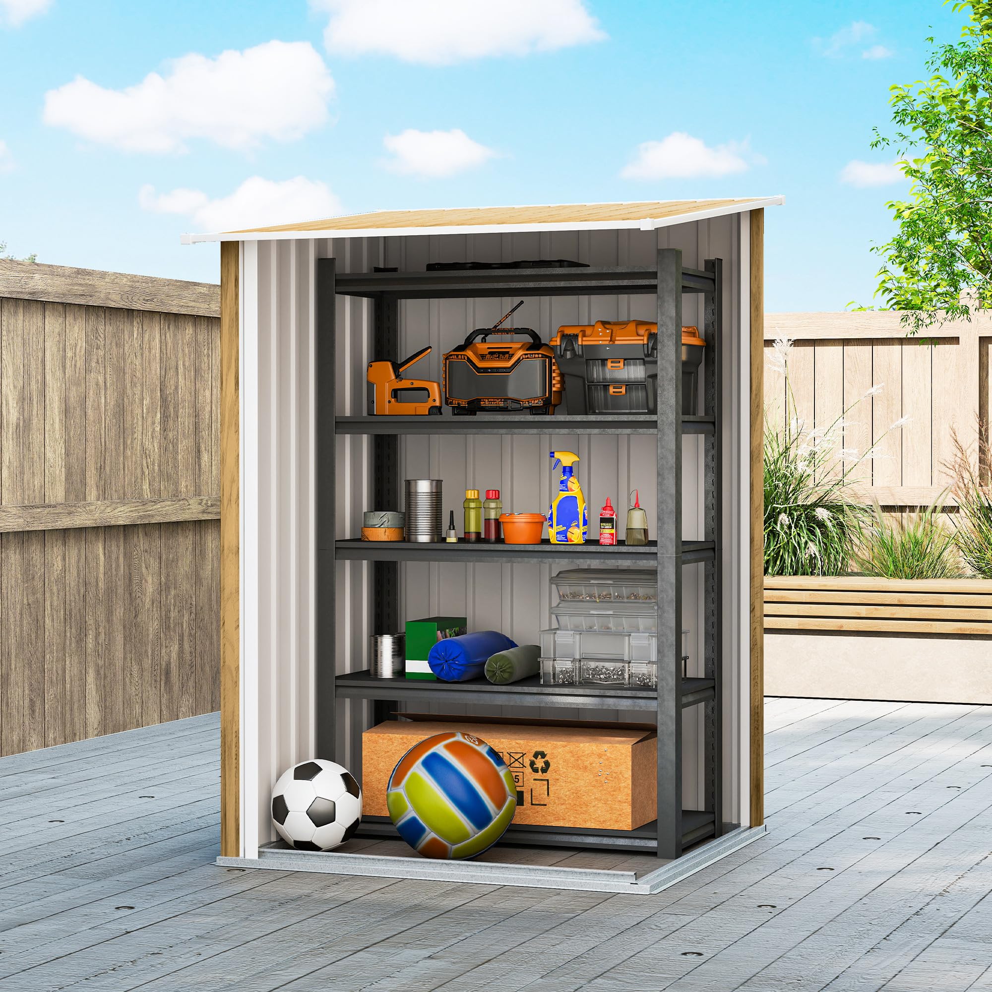 Outsunny Casetta da Giardino 0.92m² Acciaio Zincato 100x104x160 cm Marrone Chiaro Effetto Legno