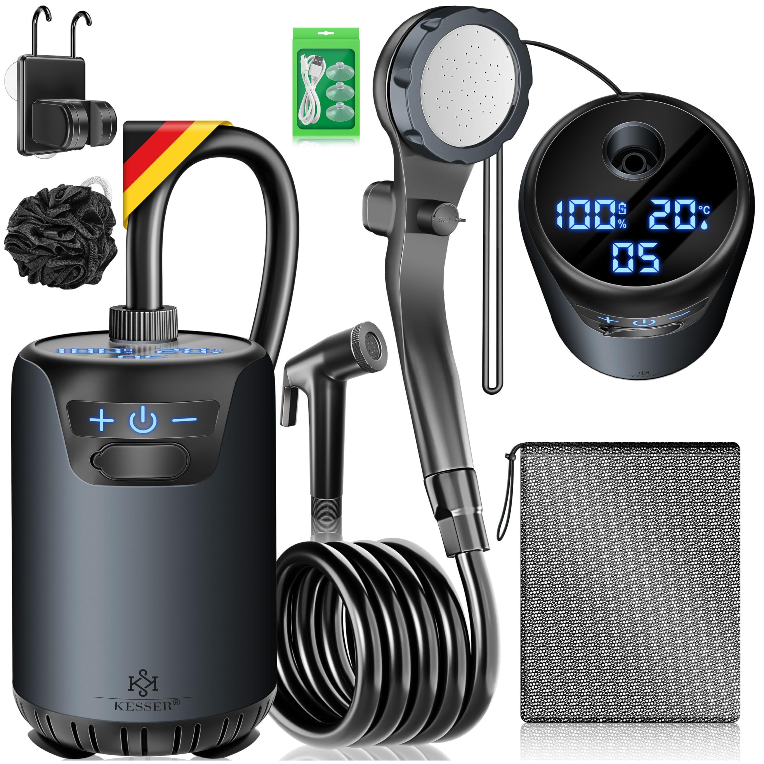 KESSER® Campingdusche Solardusche mit Pumpe & wiederaufladbarem Akku 8000mAh Mobile Dusche | Camping Dusche Set inkl. einstellbarem Duschkopf, 2m Schlauch, Sprühpistole & Halterung