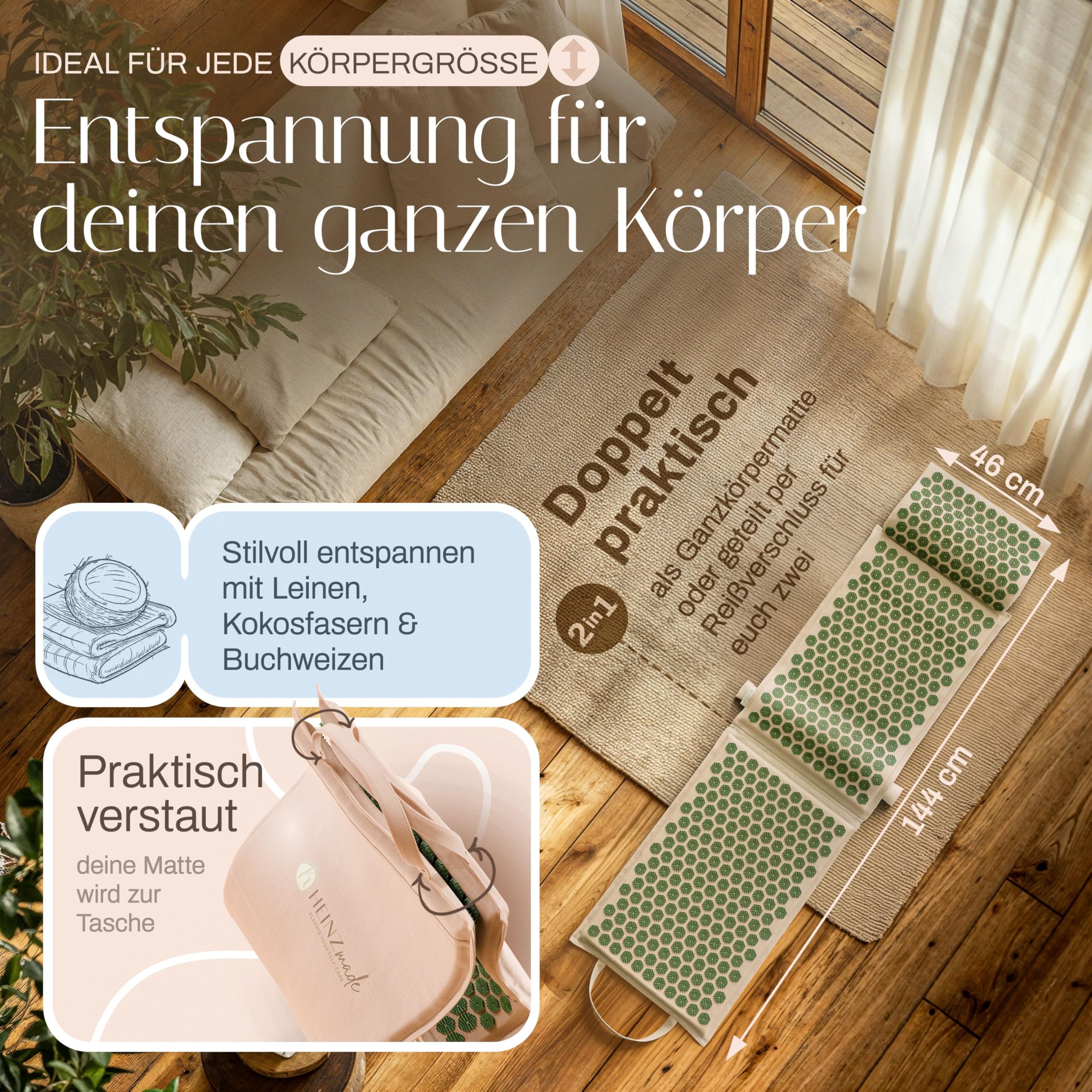 Akupressurmatte XL, Set mit Kissen & Lendenrolle, Ganzkörper
