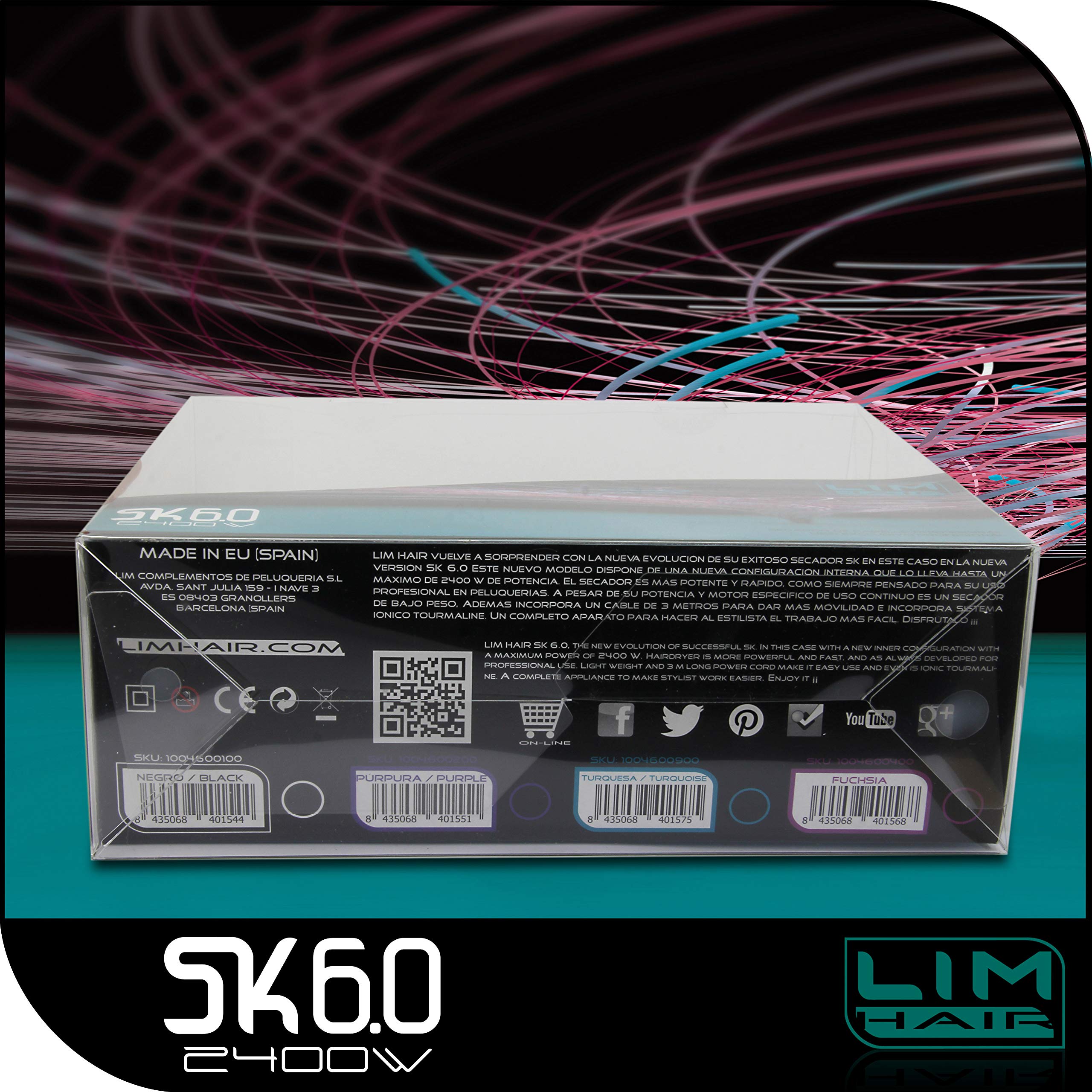 Secador de cabello LIM HAIR SK 6.0 PROFESIONAL Made in SPAIN La más alta potencia 2400 W. IONIC TOURMALINE. Extra vida en uso intensivo (NEGRO)