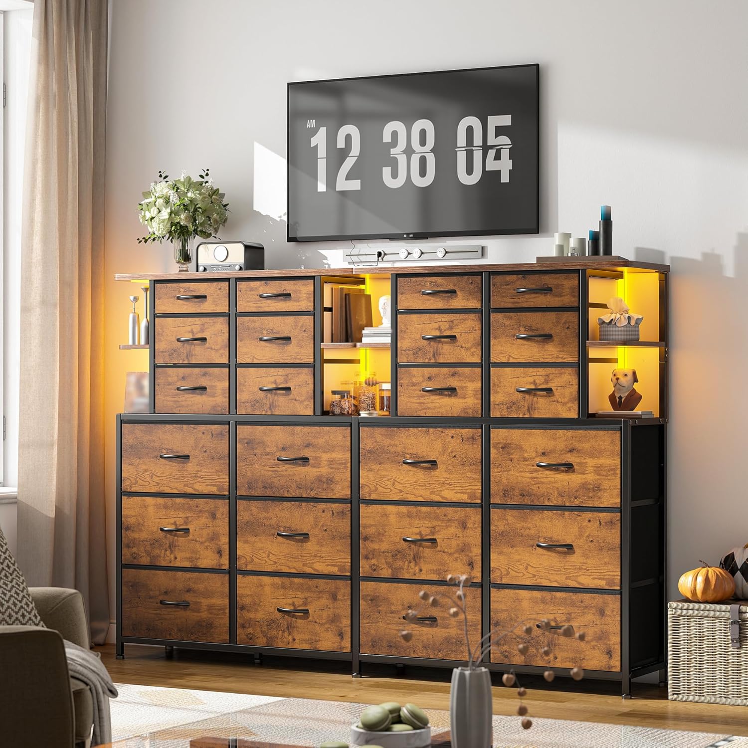 Dresser for Bedroom with 12 Drawers & LED Lights,4 Open Storage Shelves, Fabric Dressers & Chests of Drawers for Living Room, Entryway, Dorm, Wood Top,45.2" H x 35.4" W x 11.8" D, Rustic Brown