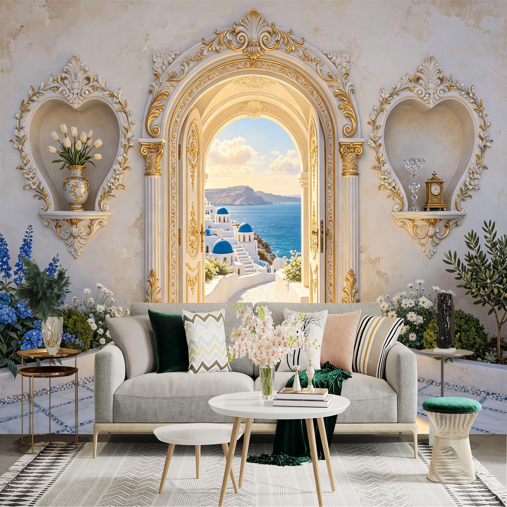 Lnzczhyre Bh260719230 Custom Size Wall Sticker Mural， Mediterranean Seaside View， Elegant White Archway， Luxury Floral Decor， Sunlit Coastal Scenery， For Wall Decoration， Peelandstick Wall Decals.