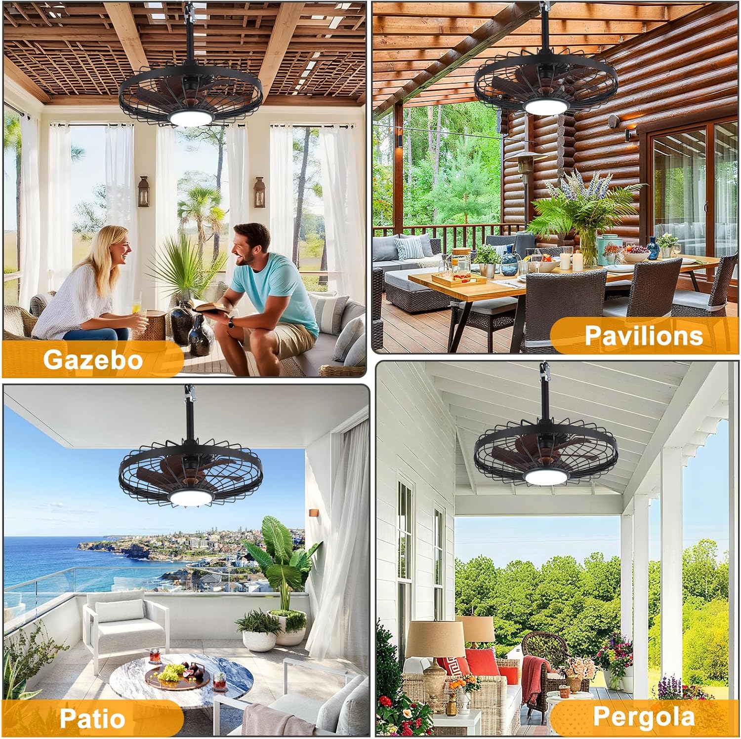 Outdoor Ceiling Fan with Lights: 20" Waterproof Plug-in Ceiling Fan with Remote Control Smart App - Gazebo Caged Hanging Fans for Patios Porch Pergola 6 Speeds Reversible - Walnut