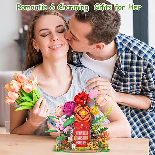 Miniatura 6 de Sopu Kit de construcción de ramo de flores de 1151 piezas, diseño de rosas de bonsái, juego de bloques de construcción de flores artificiales,