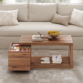 XIAO WEI 360 Rotating Coffee Table with Storage, Modern 1.4" Thick Expandable Rectangle Table for Living Room,Walnut