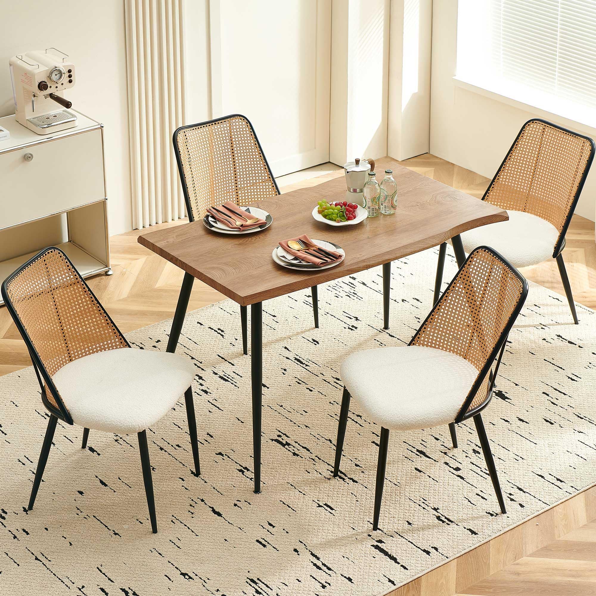 NORDICANA Dining Table Set for 4, Kitchen Table and 4 Chairs for Apartment, 5 Pieces Dinette Wood Table with Beige Boucle Chiars, Rattan Backrest