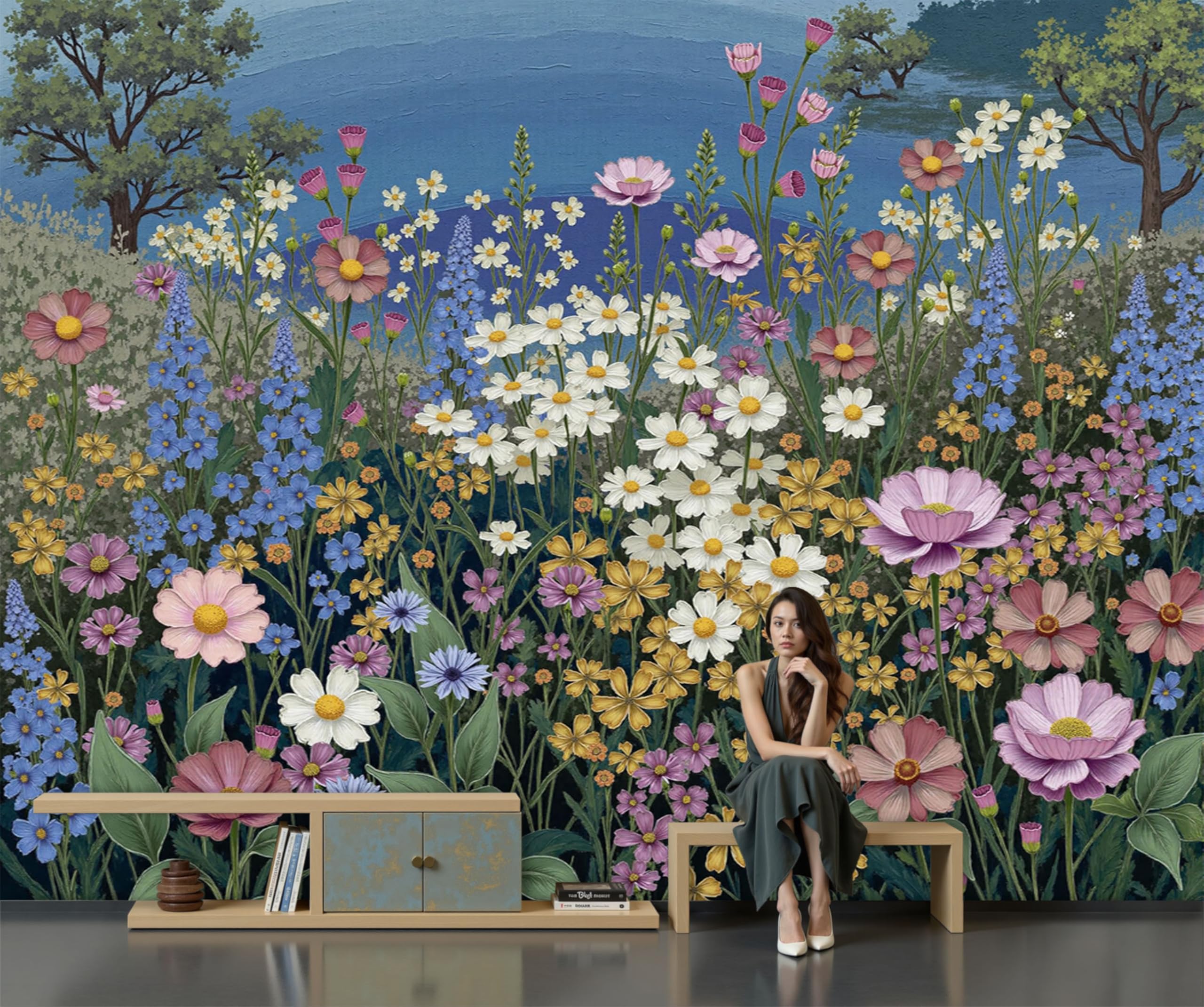 Papier peint panoramique 3D pour agrandir une chambre sombre avec des fleurs 300x210