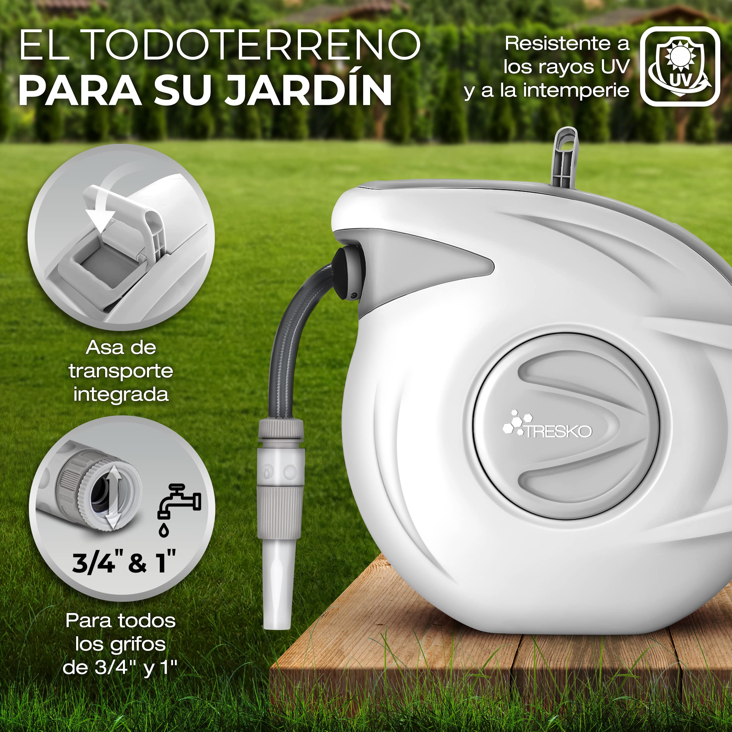 TRESKO® Carrete para Manguera 30+2m | Carro Enrollador de Manguera de Pared | Con Manguera | Automático | Incl. Soporte de Pared, Pistola de Riego y Material de Montaje