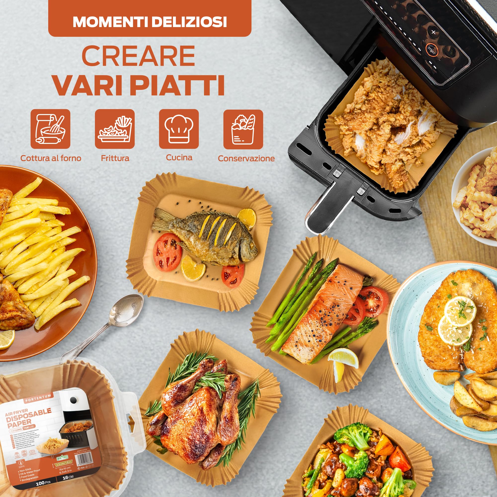 PORTENTUM Carta forno per friggitrice ad aria, 100 unità quadrate 20–24 cm, adatte a modelli 5–8 L. Certificata BPA Free, FDA e LFGB