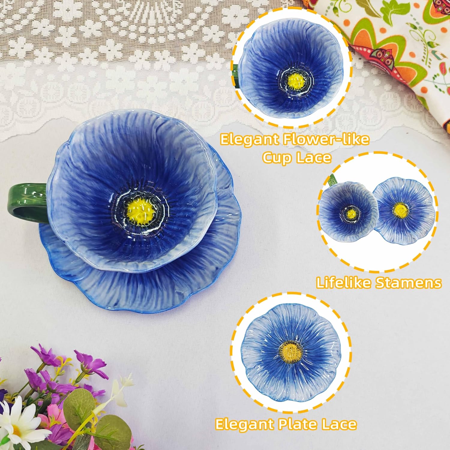 10 oz Tea Cups and Saucers, Ceramic Flower-shaped Cappuccino Cup, Latte Cup and Saucer set, elegant floral Espresso Cup set, cups are microwave and dishwasher safe-Blue
