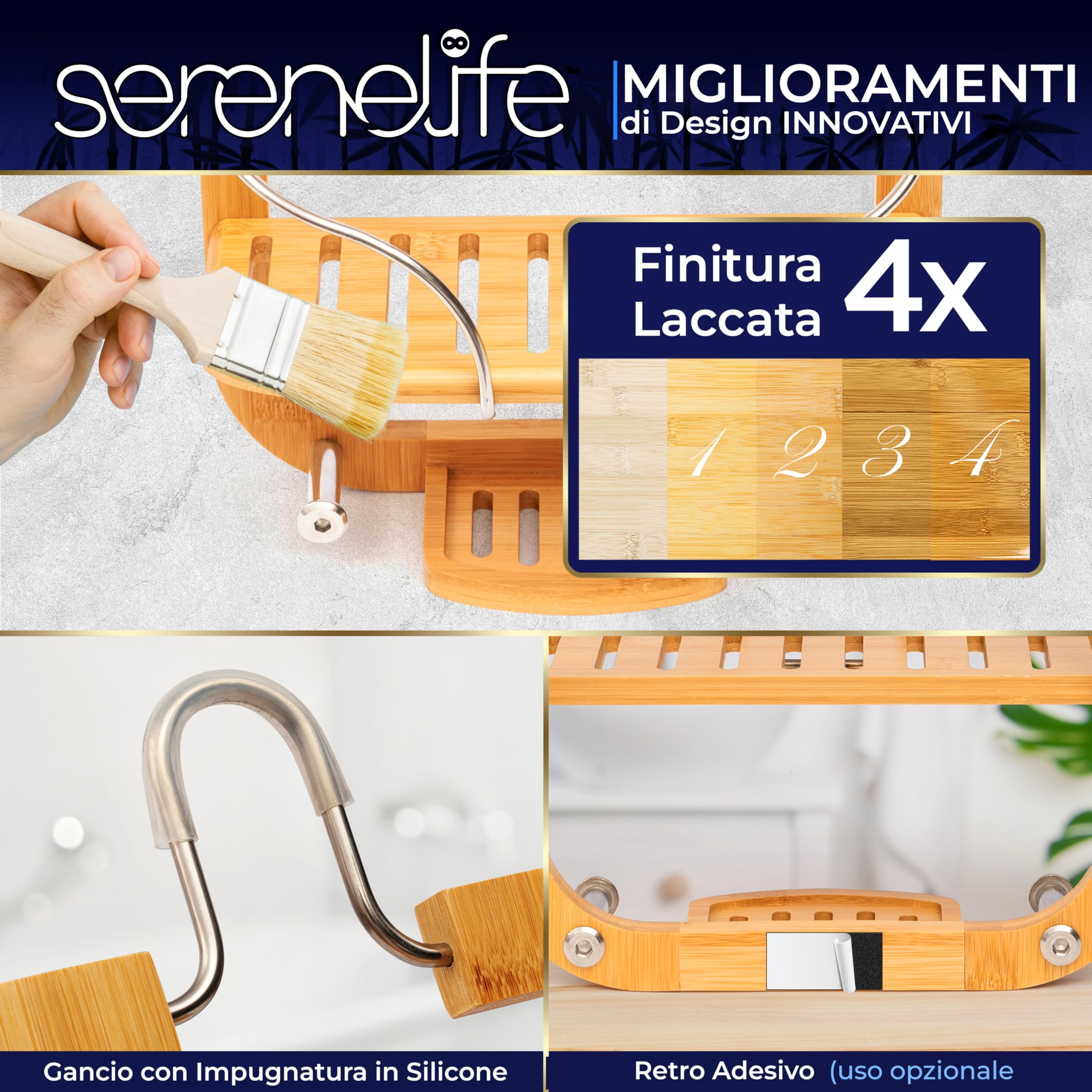 SereneLife Portaoggetti Doccia in Bambù a 3 Ripiani, Design Antiscivolo, Organizer Bagno, Portaoggetti Bagno Salvaspazio, Mensola Doccia per Shampoo, Bagnoschiuma, Sapone e Accessori