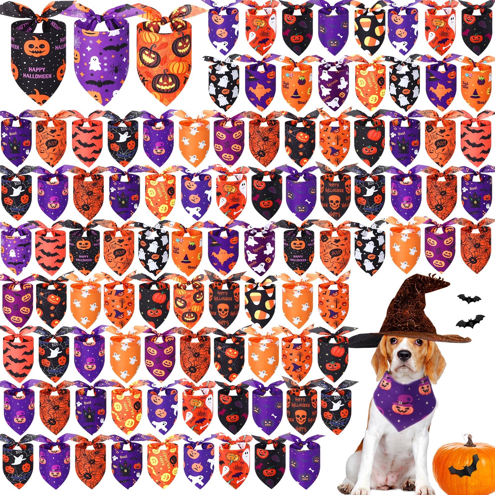 Abbylike 100 Pieces Halloween Dog Bandanas Bulk Halloween Bandanas for Dogs Triangle Kerchief Set Bibs Scarf with Pumpkin Patterns for Pet Costume Accessories Decoration (31.5 x 21.7 x 21.7 Inch)