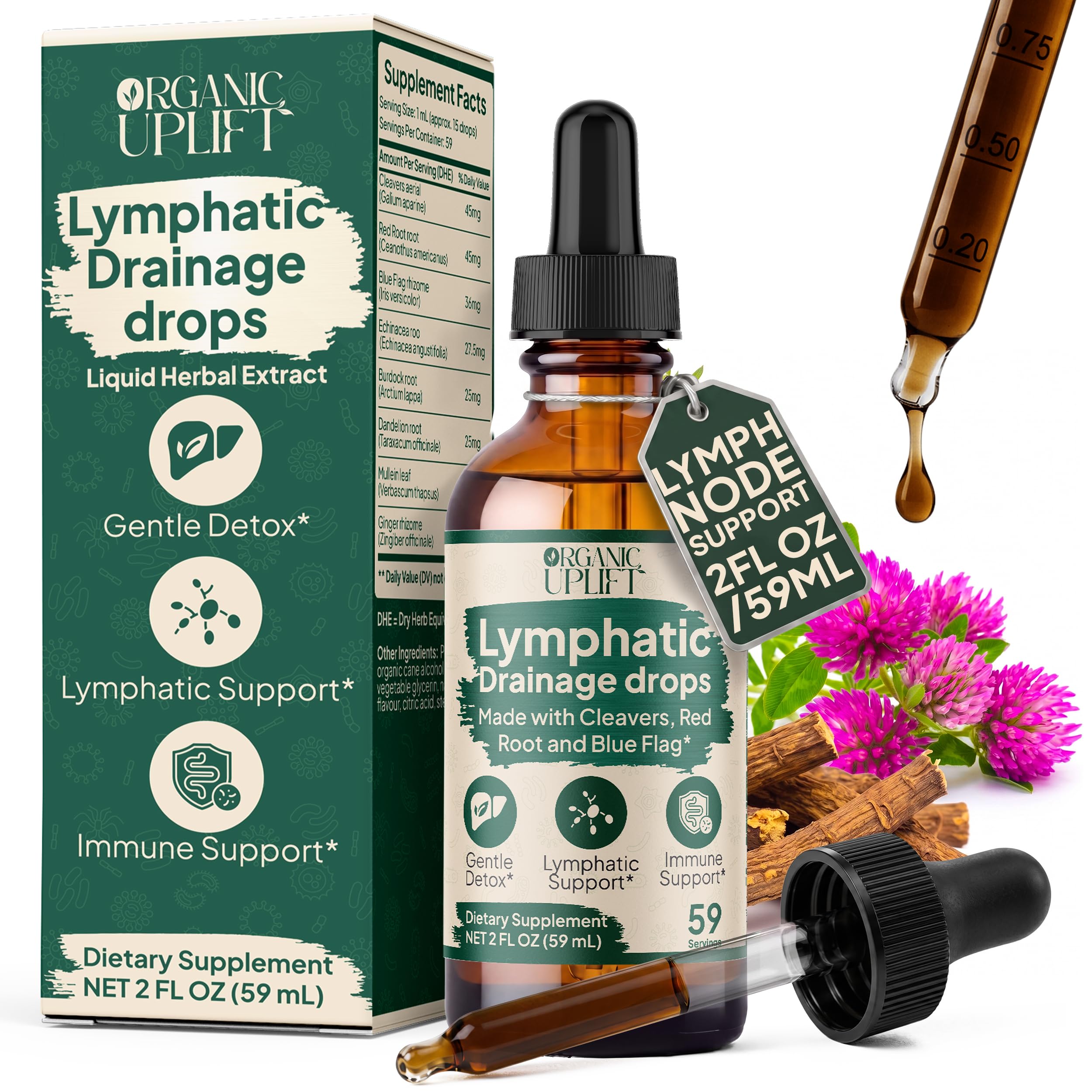 Lymphatic Drainage Drops – Lymphatic Support Supplement with Cleavers, Red Root, Burdock & Dandelion – Herbal Lymph System Cleanse, Detox & Immune Support – Liquid Drainage Tincture, 2 Fl Oz (59 mL)