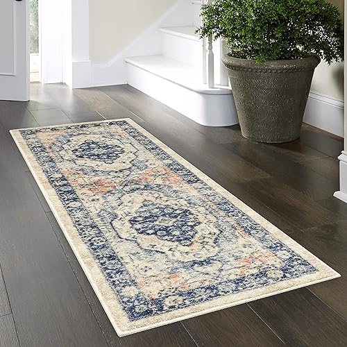 Miniatura 9 de Maples Rugs Caprice - Alfombra antideslizante con diseño bohemio de medallones y enrejado, color neutroazul, 2 pies 6 pulgadas x 3 pies 10 pulgadas