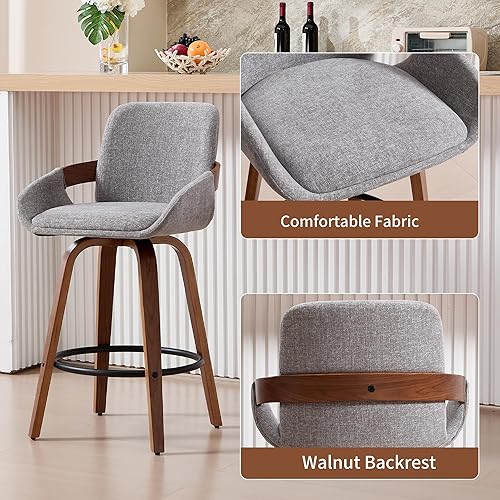 Miniatura 4 de Juego de 2 taburetes de bar giratorios, taburetes altos de mostrador de tela con respaldo y reposabrazos, silla de bar de nogal giratoria 360 para
