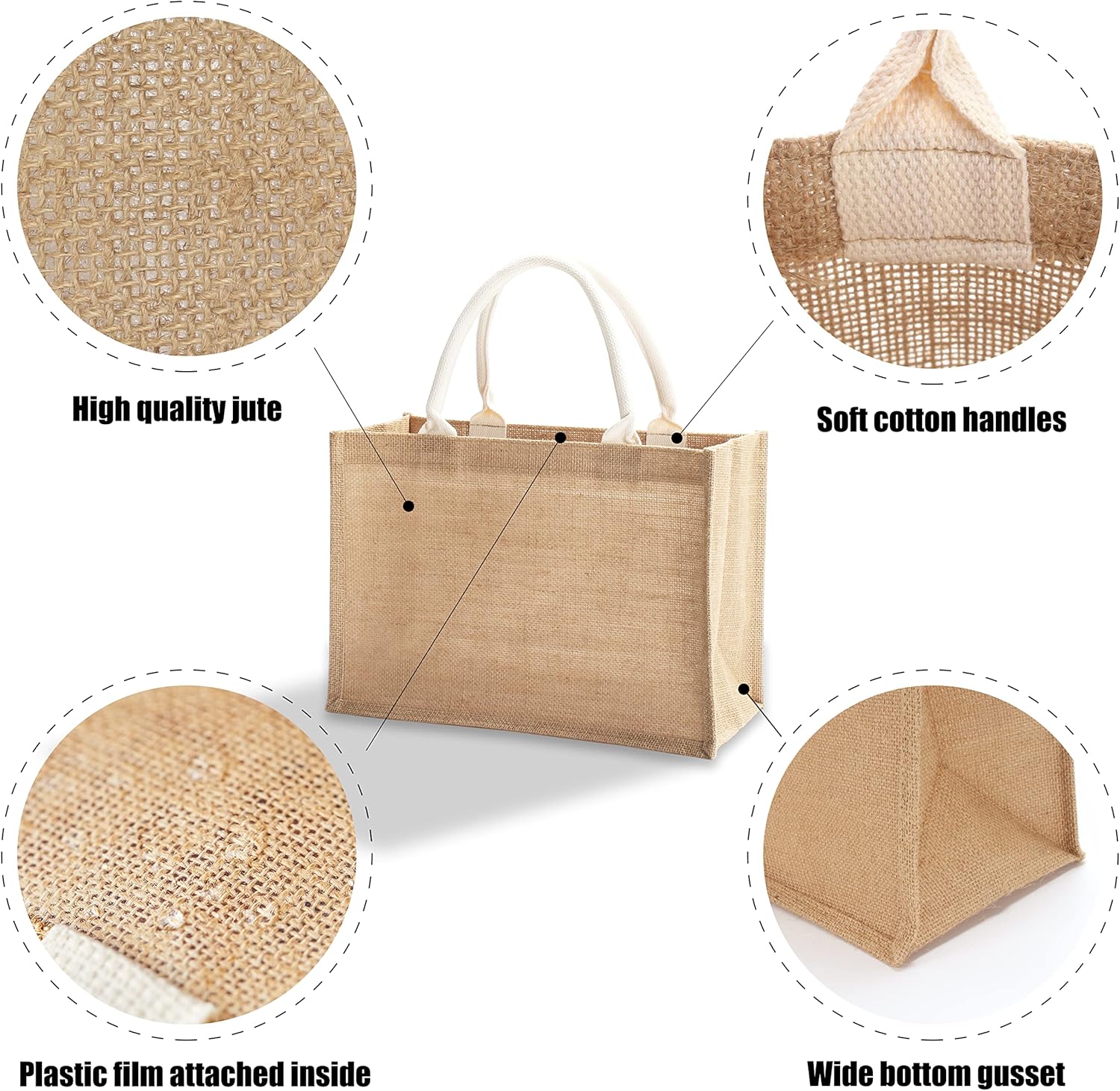 Jute Bags with handles, 14.5" x 6.7" x 10.2" Pack of 3 Medium Burlap Tote Bags, Reusable Bag for DIY, Shopping, Beach, Pool, Wedding Welcome Bag - Image 4