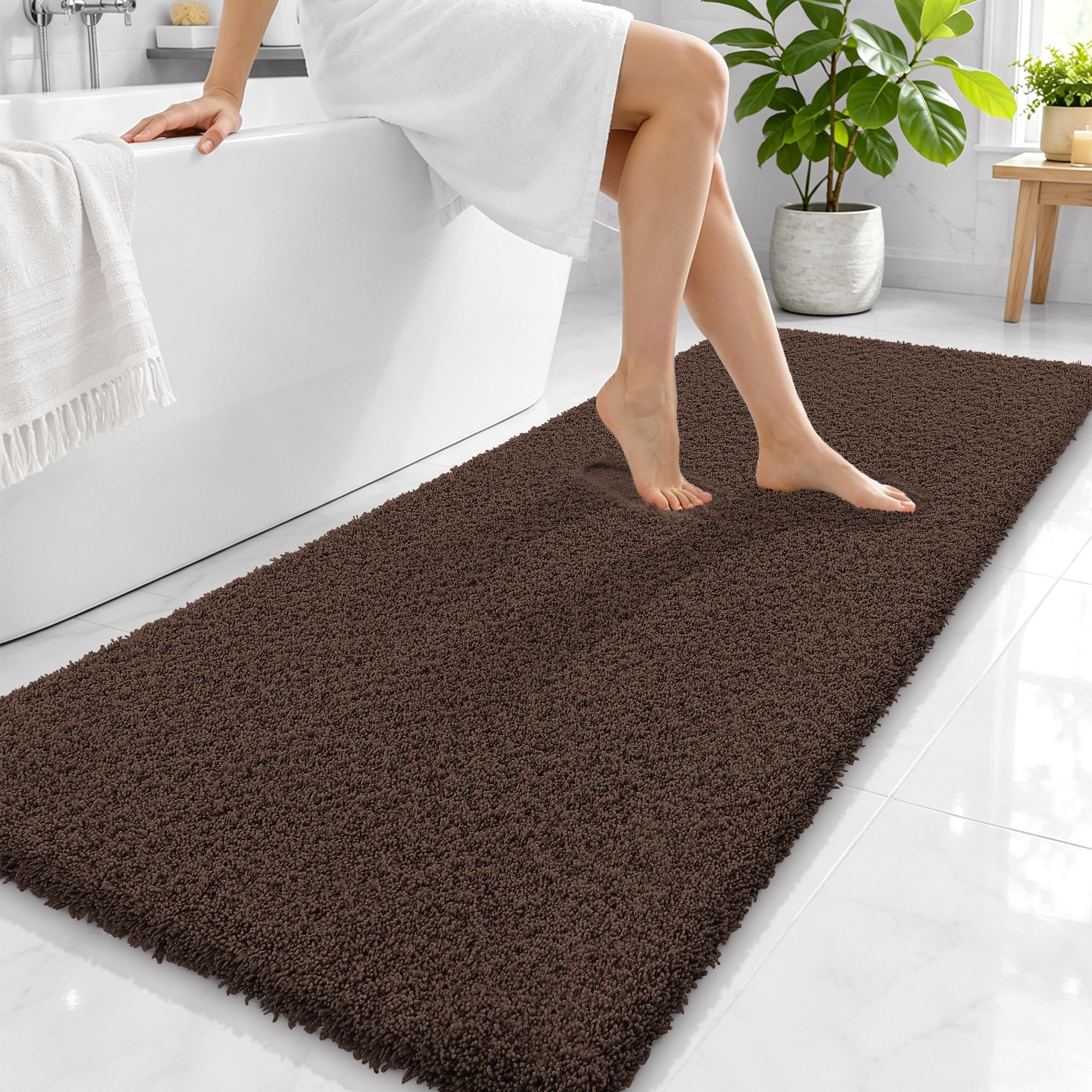 OLANLY Microfiber Bathroom Runner Rugs 59x24, Ultra Soft Bath Mat, Brown