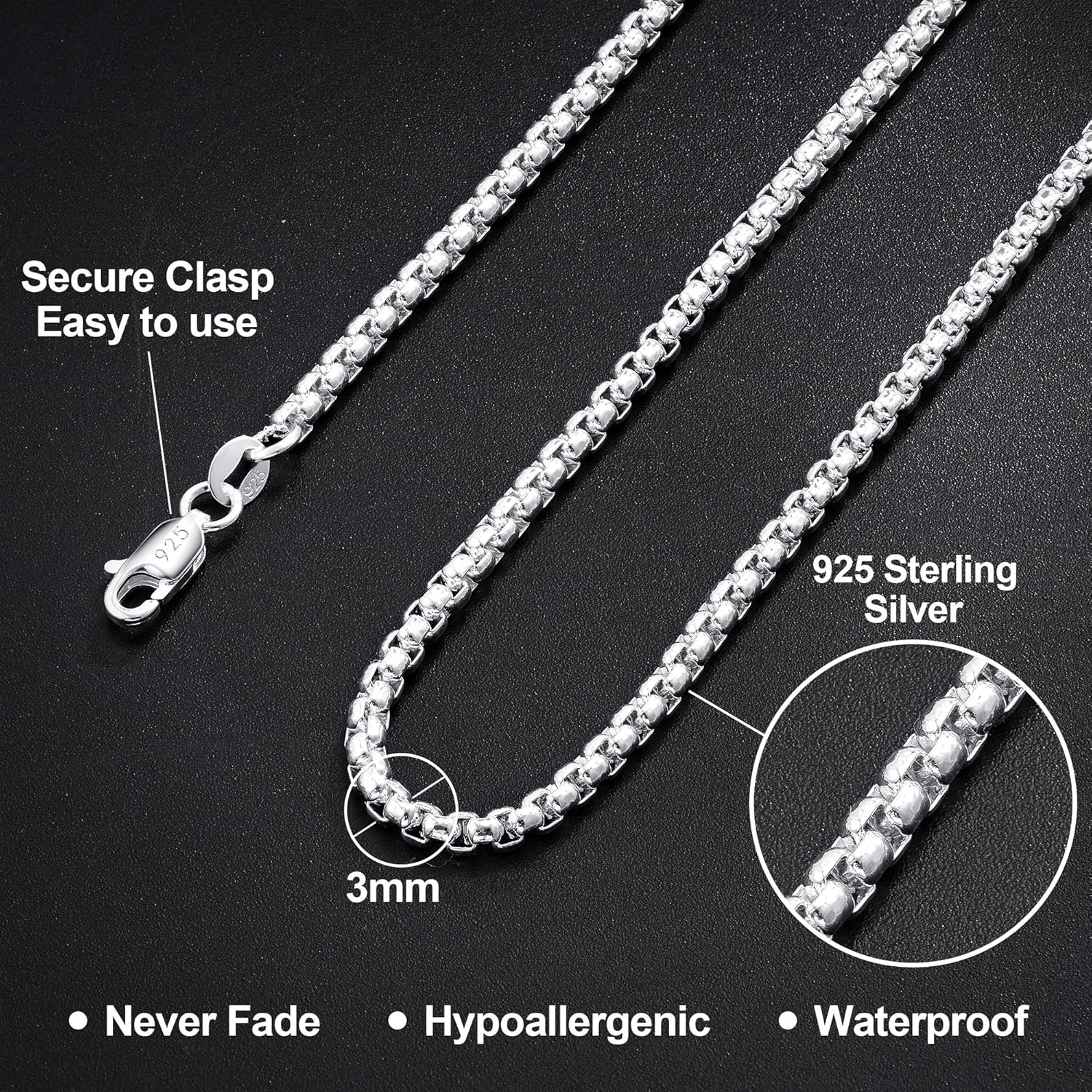 HIMSTORY Silver Chain for Men, 925 Sterling Silver Over 2mm/3mm/4mm Round Box Chain Necklace for Men Women Jewelry Diamond Cut Mens Chains Gifts for Husband Father Boyfriends
