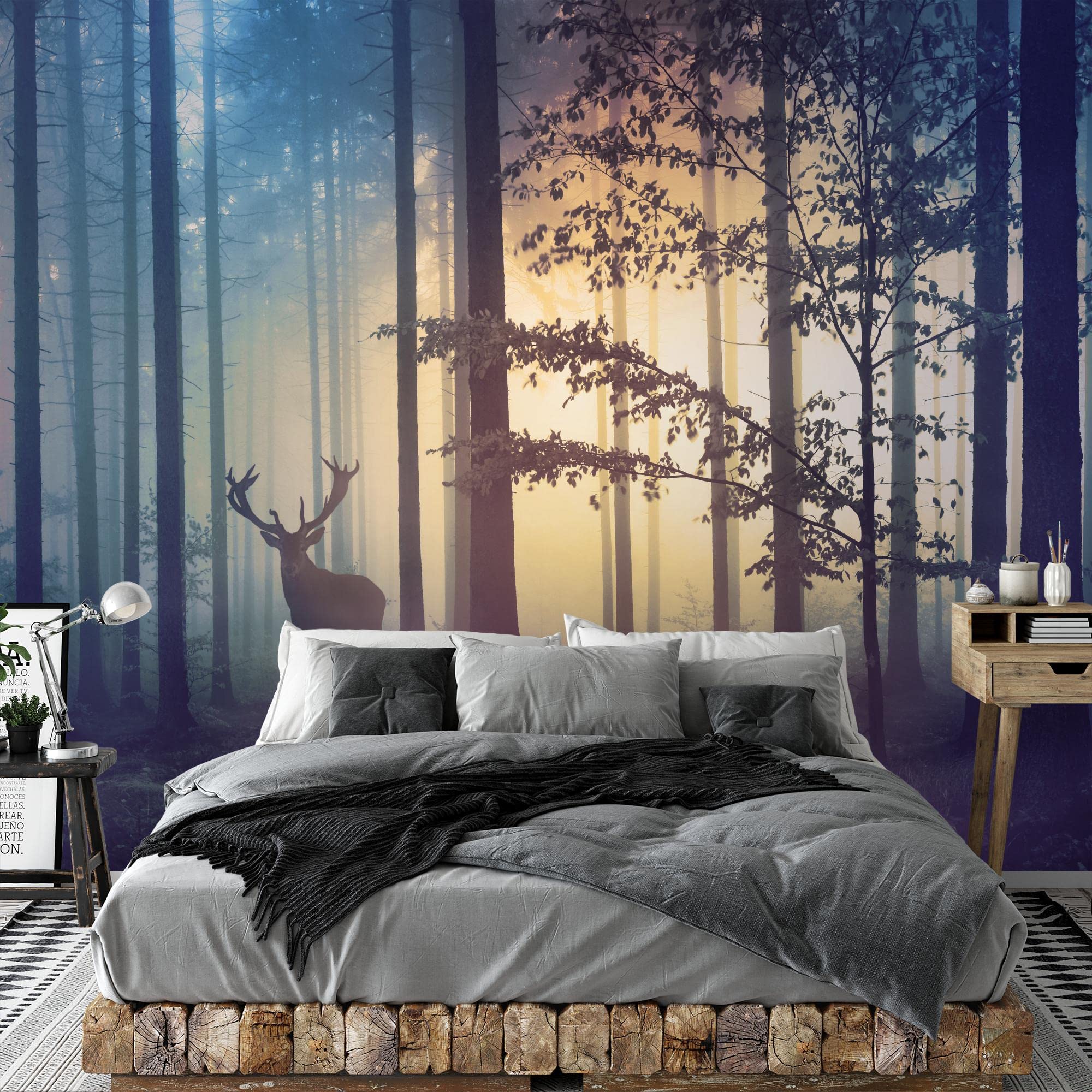Runa Art Carta da parati fotografica Foresta cervi nebbia 352 x 250 cm Vello Sfondo Murale XXL Moderne Decorazione Soggiorno Camera De Letto Sala Ufficio giallo blu 9338011a