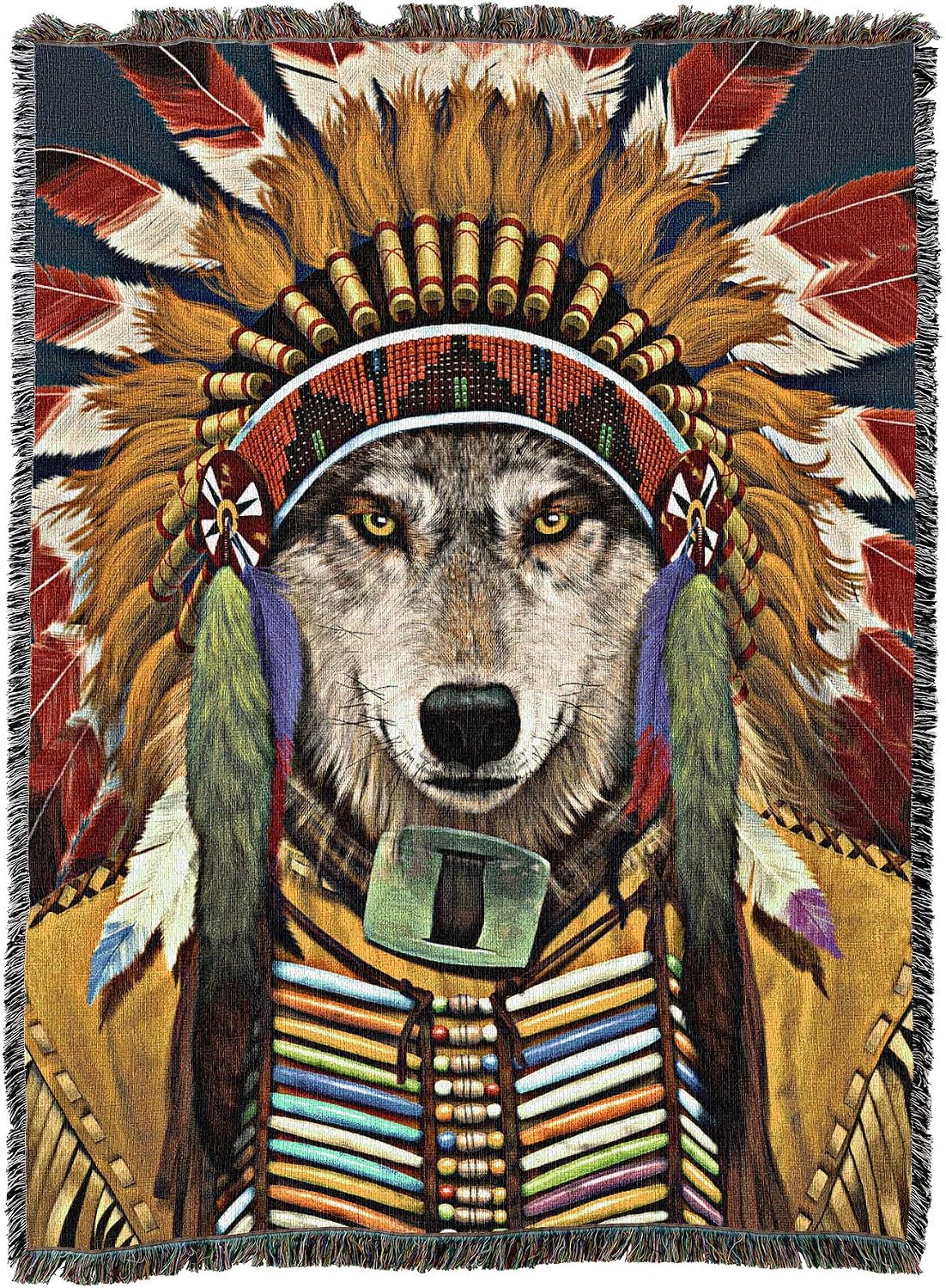 Pure Country Weavers Wolf Spirit Chief Blanket by Vincent HIE - Gift Fantasy Tapestry Throw Woven from Cotton - Made in the USA (72x54)