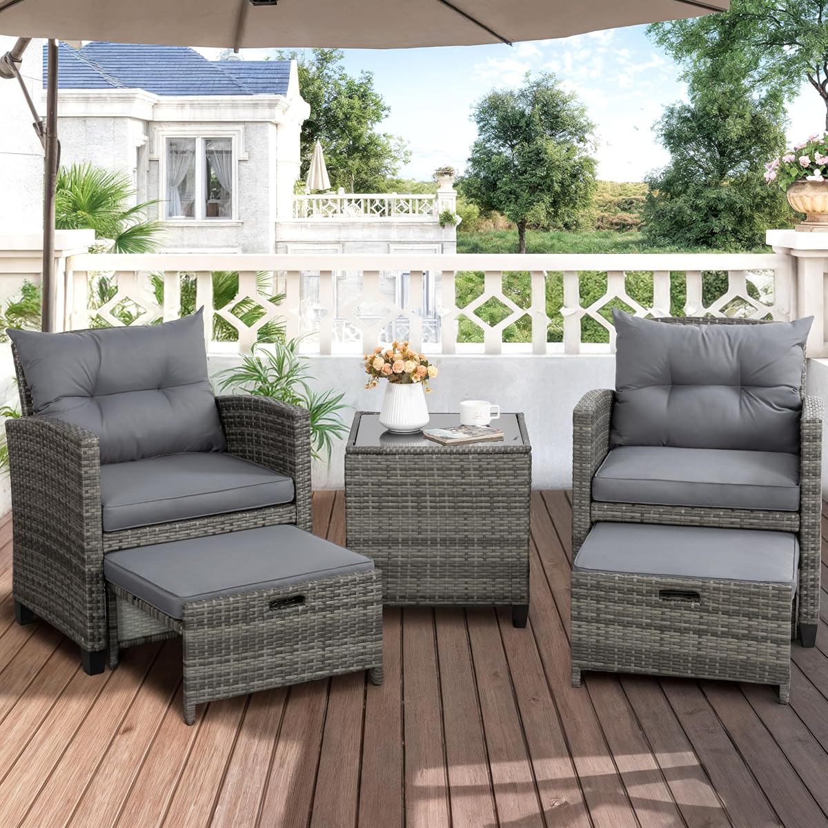 Shintenchi 5 Pieces Patio Furniture Set, Outdoor Wicker Patio Conversation Set with Ottoman, All Weather Rattan Outside Chairs with Coffee Table & Cushion for Porch, Garden, Backyard, Gray Grey image 1