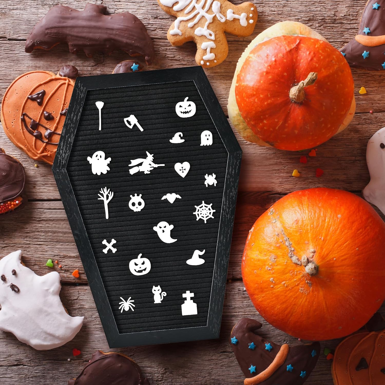 Coffin Letter Board - 520 Characters Spooky Halloween Characters with Wooden Stand and Canvas Bag - 16x11 Inches - Felt Message Board for Home Office Halloween Supplies & Decor (Black)
