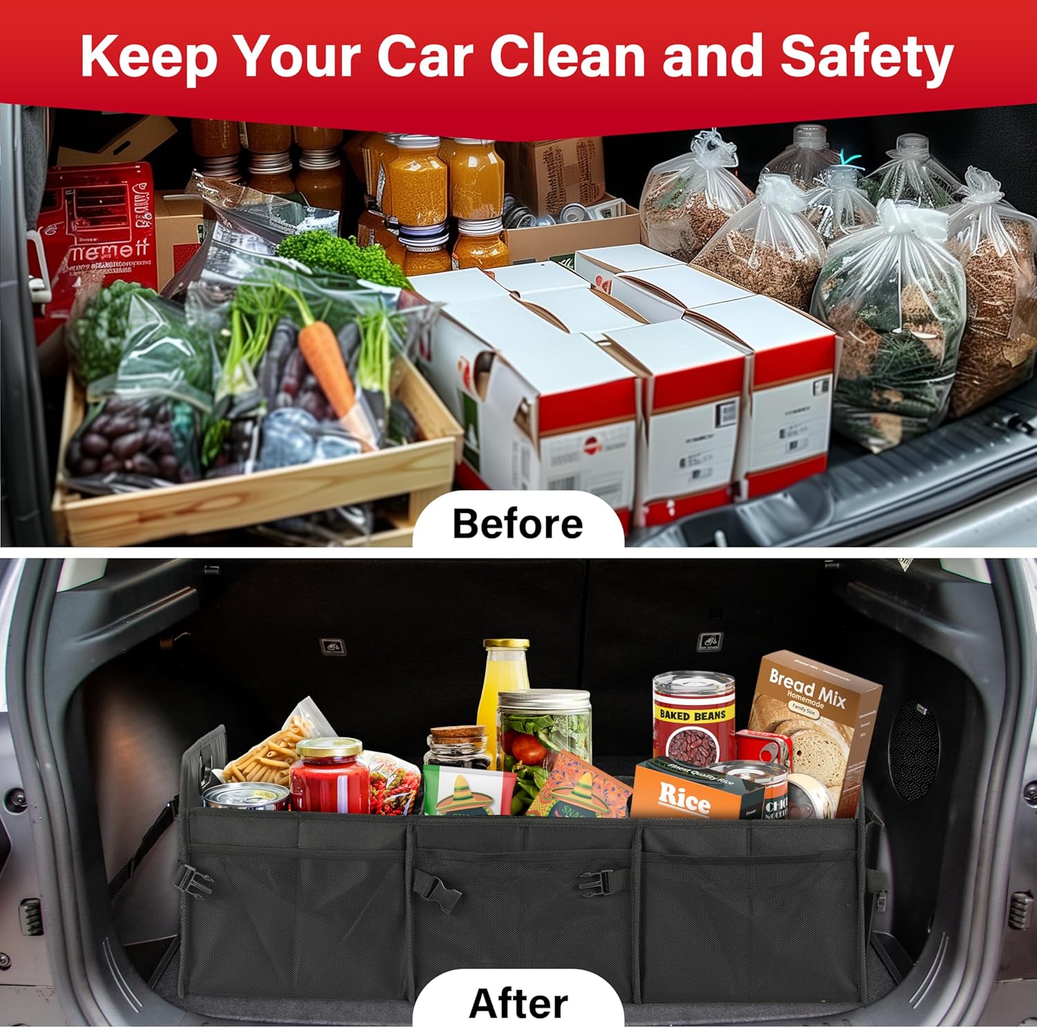 Simple Deluxe Car Trunk Organizer, Multi Compartments Collapsible Trunk Storage, Anti-slip, Waterproof 600D Oxford Polyester, with Adjustable Straps for SUV, Truck, Large Size, Black, 2 Pack