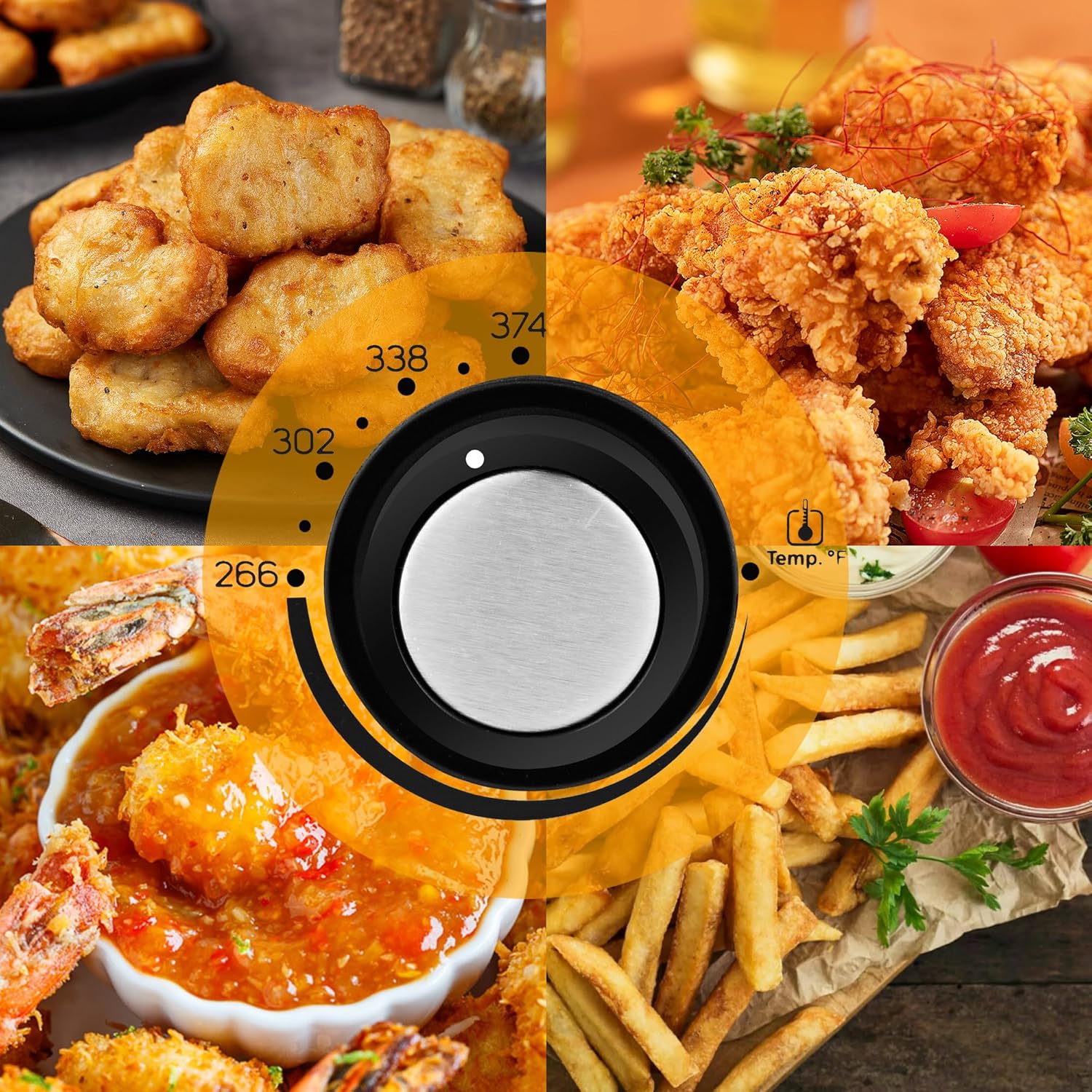 Temperature dial with icons for different foods and their recommended frying temperatures.