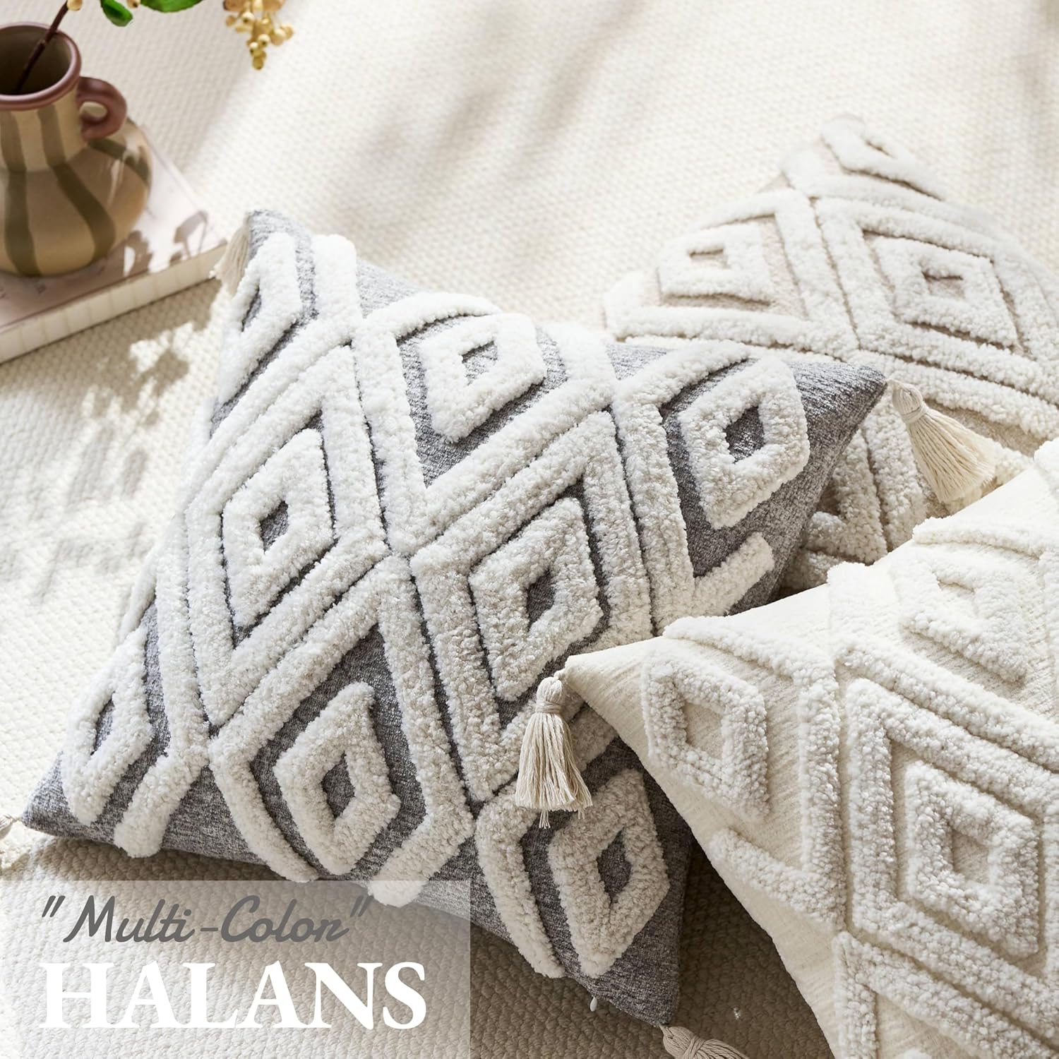 Boho Chic Woven Throw Pillow Covers 1PC, 18x18 Inch Tufted Decorative Pillowcases with Tassels for Elevating Couch, Sofa & Living Room Aesthetic (Grey, 18" x 18" (Pack of 1)) - Image 4