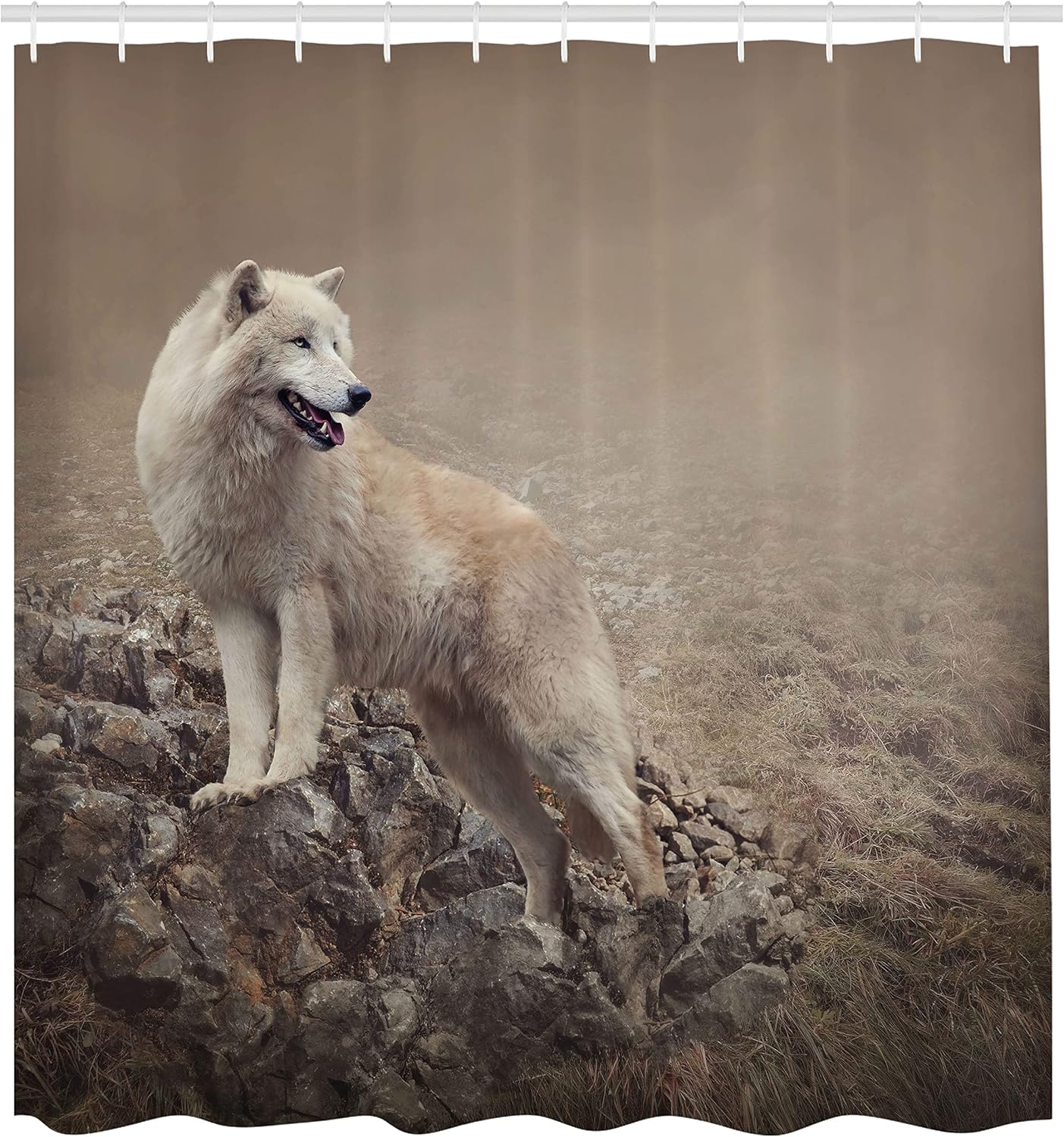 Ambesonne Animal Shower Curtain, White Wolf on Rocks at The Night Misty Weather Wildlife Nature Scenery Print, Cloth Fabric Bathroom Decor Set with Hooks, 69" W x 75" L, Warm Taupe