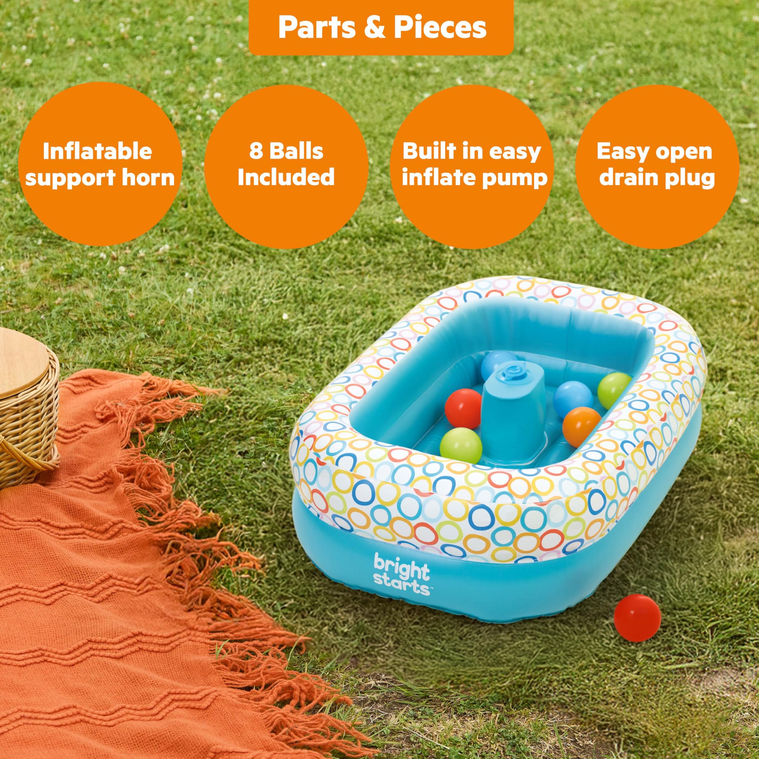 Bright Starts, 2 en 1 Bañera plegable y Piscina de Bolas, Bañera Hinchable para Bebé con Bomba de Aire Integrada y 8 Bolas Flotantes, Bañera inflable, Ideal para Bebés a partir de 6 meses