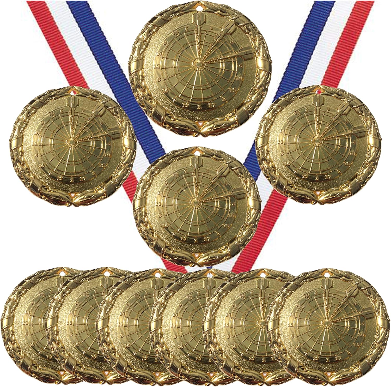 Gold Darts Medals Trophy Champion Participant Award Prize with Neck Ribbons (Pack of 10)
