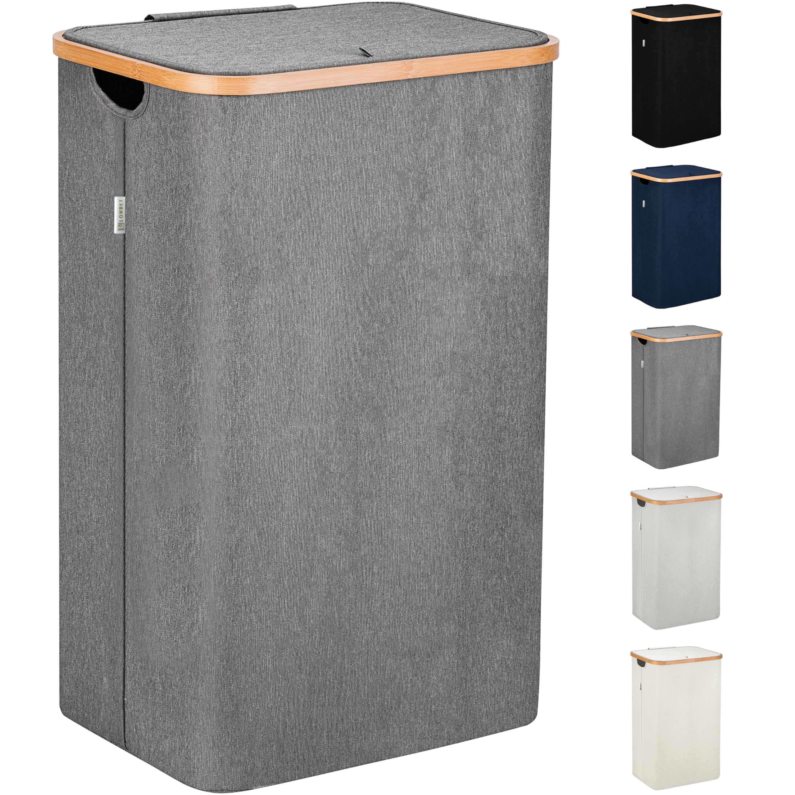 LONBET Laundry Basket with Lid, Made from Breathable Fabric | Aesthetic Clothes Hampers for Laundry with Side Handles & Sturdy Bamboo Frame (26 Gallons - Single, Gray)