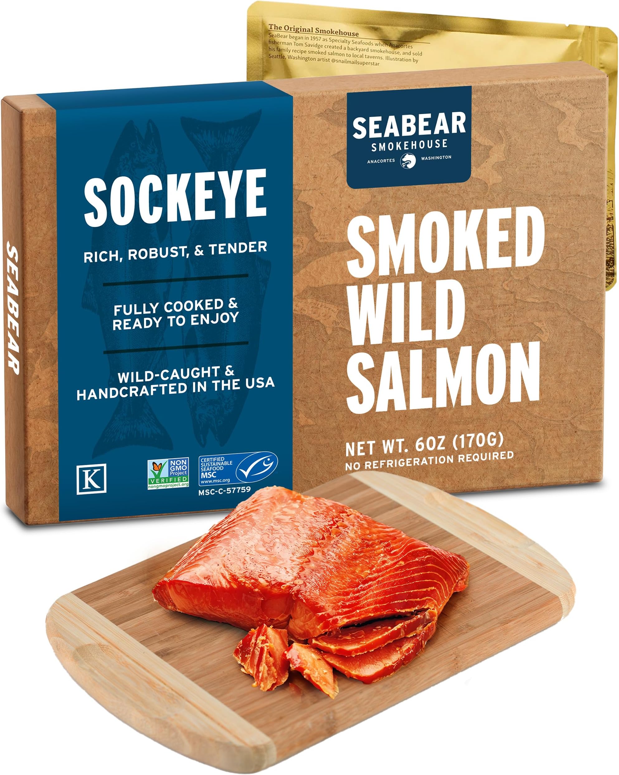 SeaBear Smoked Wild Sockeye Salmon Fillet Gift Box - 6 oz | Wild Caught Alaskan Sockeye Salmon Fillet - Shelf Stable, Ready to Eat Gourmet Seafood - Smoked Salmon Gift