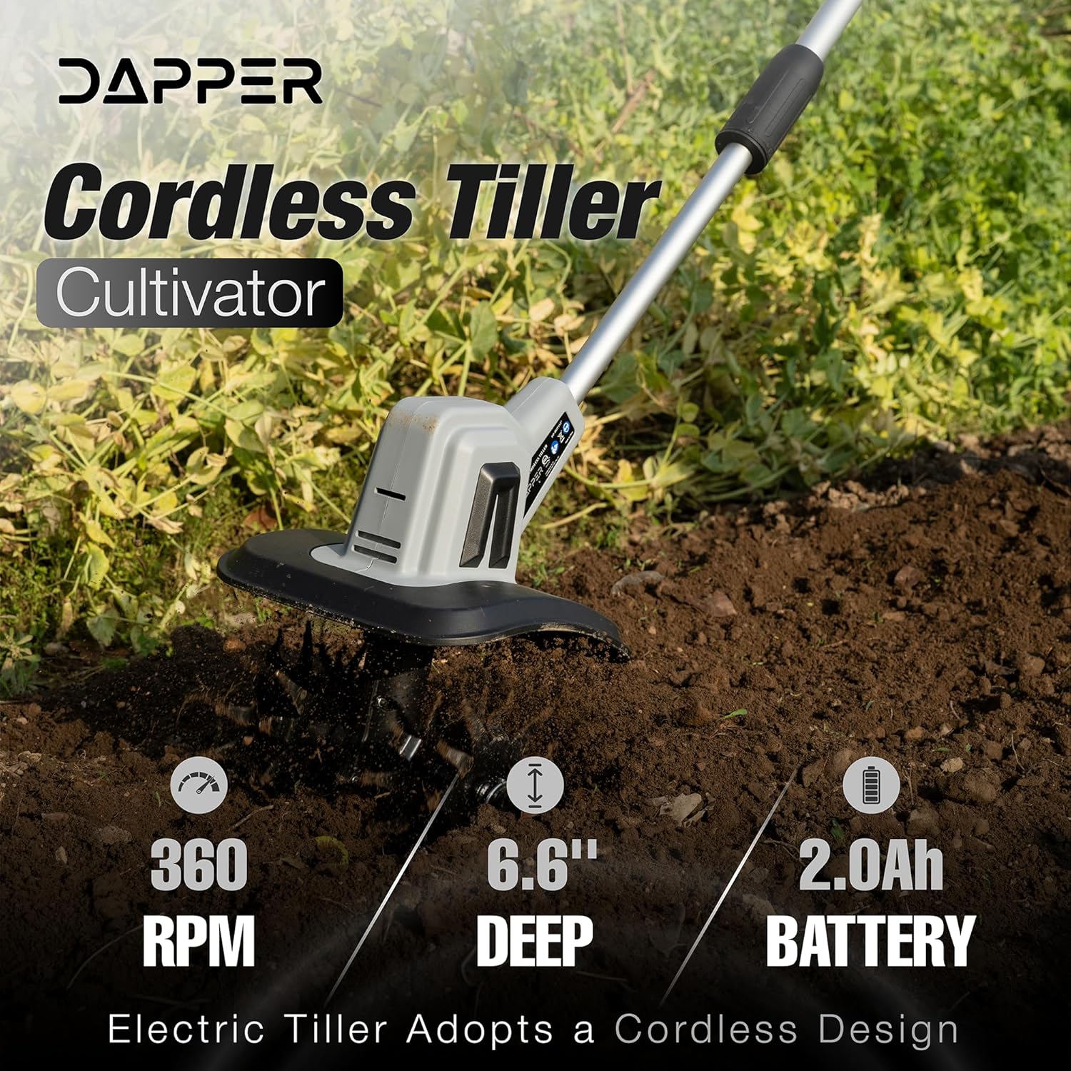 20V Cordless Tiller Cultivator, 360RPM Electric Garden Tiller with 2.0Ah Battery & Charger, 9" Tilling Width, 6.6" Depth, Ideal for Lawn, Garden Beds, and Soil Cultivation