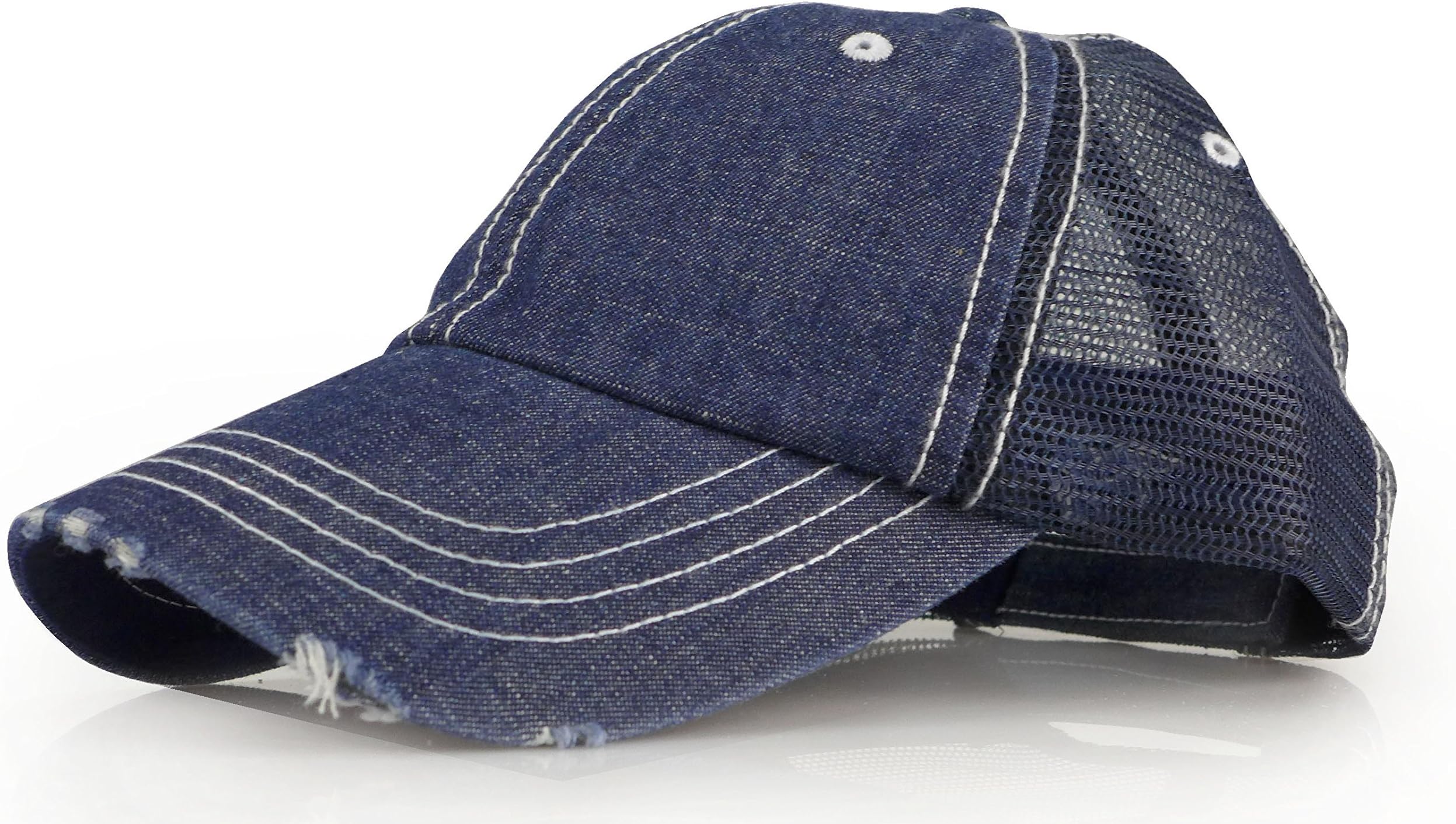 Baseball Trucker Distressed Vintage Denim Mesh Adjustable Cap (Denim Navy)