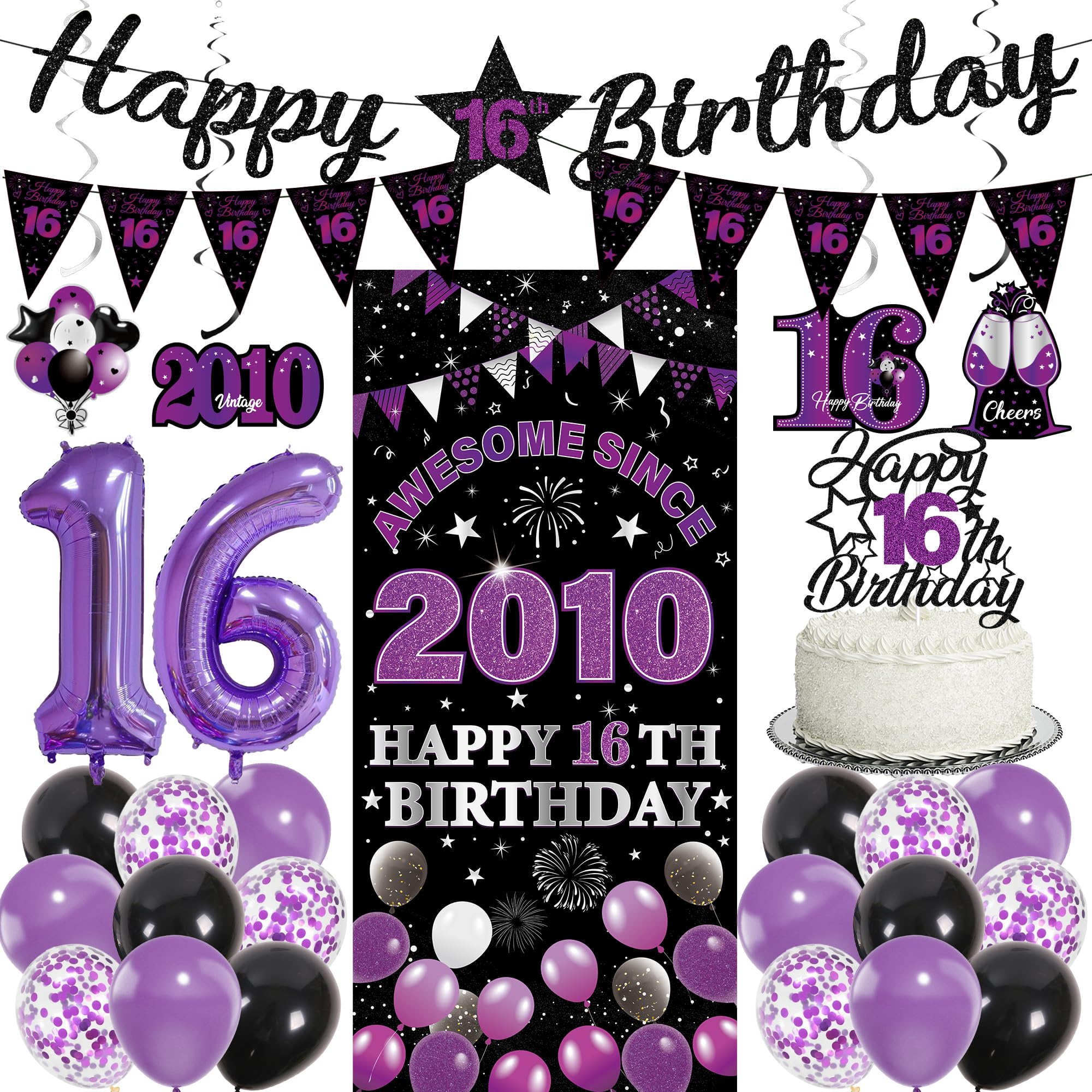 16th Birthday Decorations Girls Kit - 27 Pcs Black Purple Happy 16th Birthday Banner Triangular Flag Hanging Swirls Backdrop Cake Topper 16 Balloon Set for 16 Years Old Party Decoration Supplies