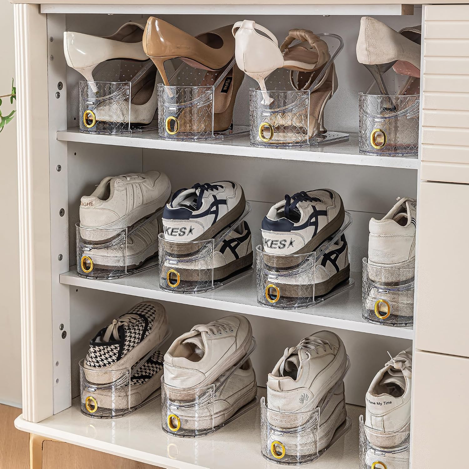 10 Pcs Shoe Slots，Double Layer Shoe Slot Organizer, 2 Levels Adjustable Shoe Stackers, Shoe Cabinet Saves 50% Space, Anti Slip Transparent Shoe organizer Storage Cabinet .