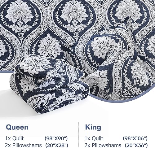 Miniatura 5 de Finlonte Edredón de damasco tamaño King edredón de algodón blanco marino bohemio King colcha ligera y suave para todas las estaciones 3 piezas