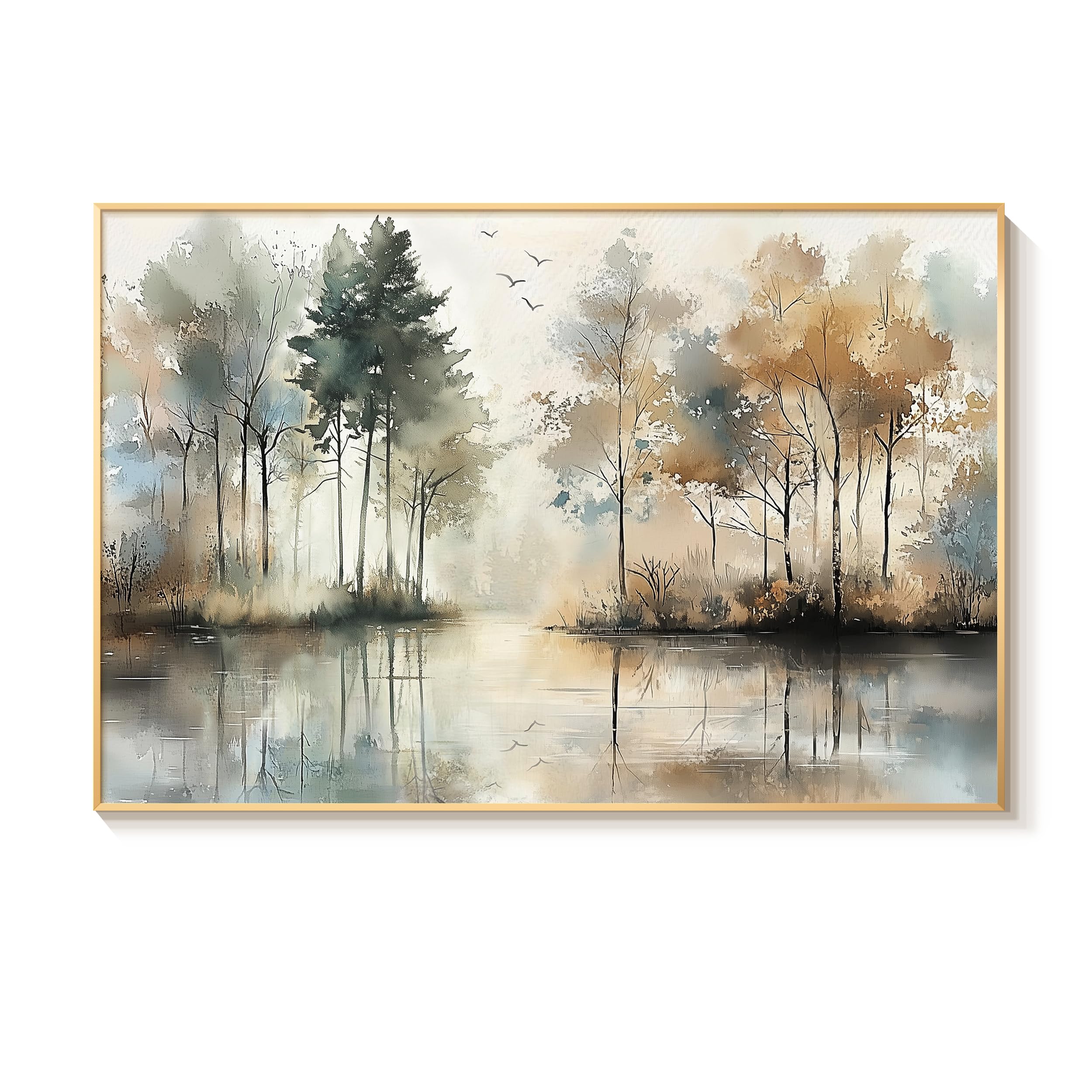 Bzstyleart Metal Framed Vintage Landscape Canvas Wall Art, Nature Wall Decor for Living Room, Modern Lake View Painting, Abstract Forest Tree Wall Artworks for Farmhouse Bedroom Bathroom Office Decor (Oil Tree, 24*36Gold, Framed)