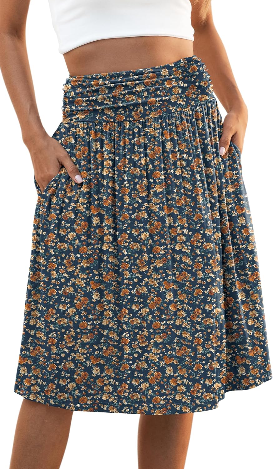 Naggoo Womens Summer Elastic High Waisted Midi Skirts Flowy Aline Pleated Knee Length Skirt with Pockets S-XXXL