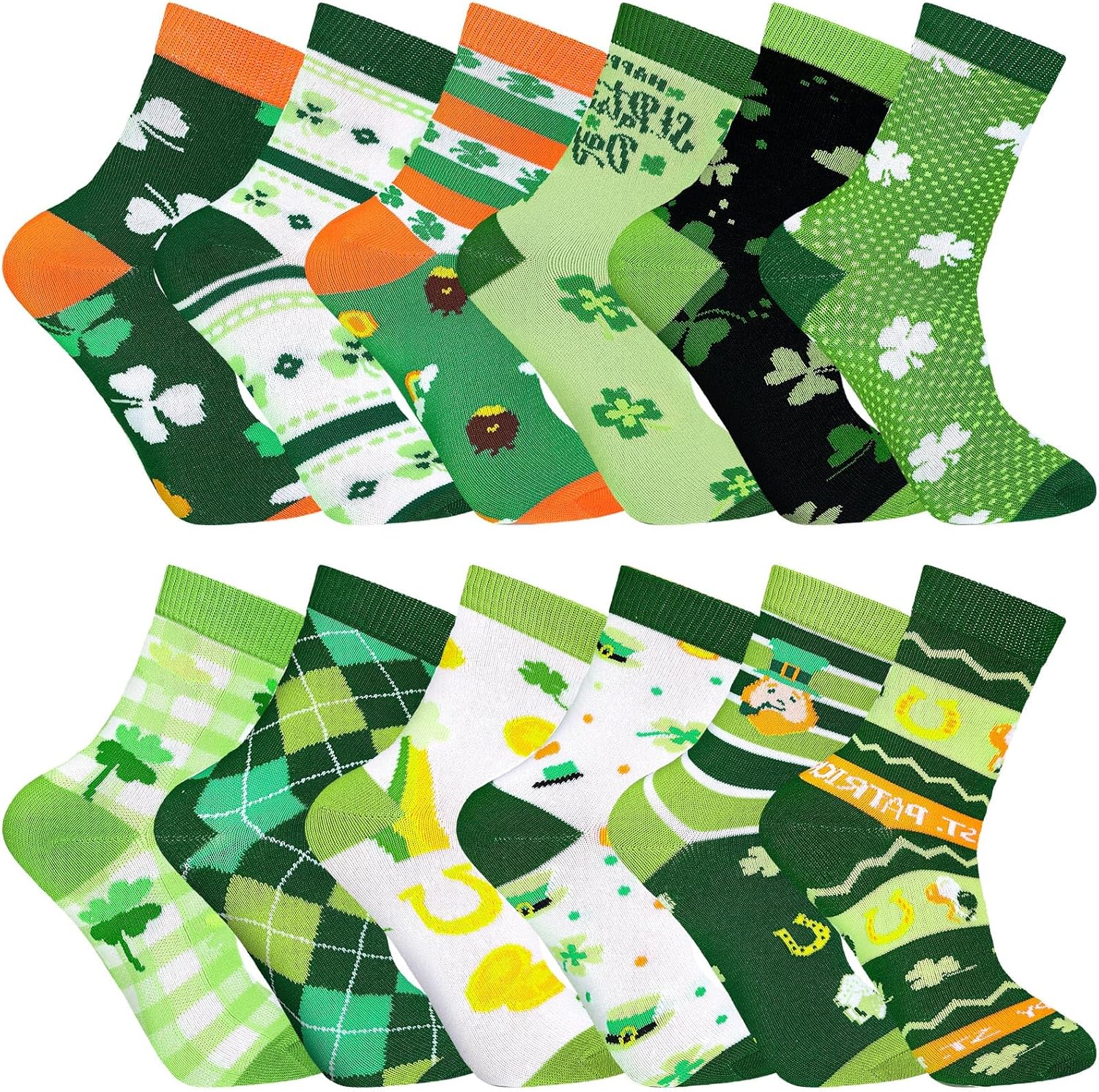 12 Pairs St. Patrick's Day Socks Fun Shamrock Clover Irish Black Green Novelty Crew Dress Socks St. Patricks Day Party Gift for Womens Men