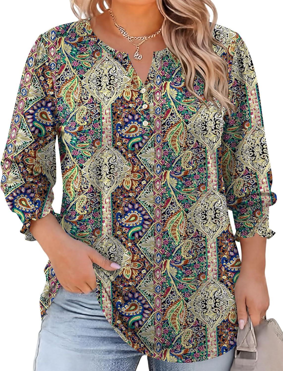 LOMON Womens Plus Size Tops 3/4 Length Sleeve Womens Tops Casual V Neck Loose Fit Blouses 1X-5X