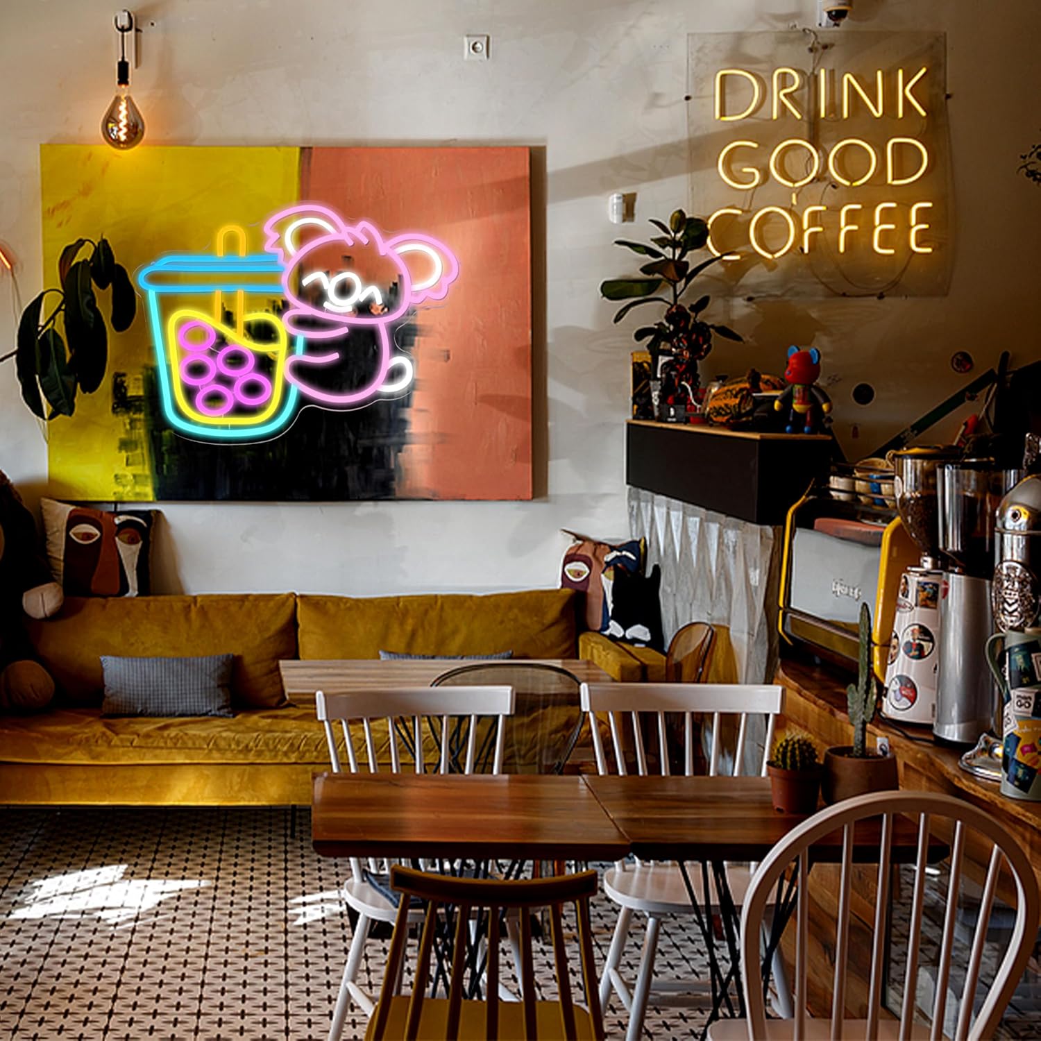 LISIGNVE Koala Bubble Tea Neon Sign for Wall Decor Cute Bear Led Signs Animal Koala Neon Light Boba Milk Tea Light Up Sign for Bubble Store Coffee Bar Dessert Shop Kids Room(16.5”*12.6”)