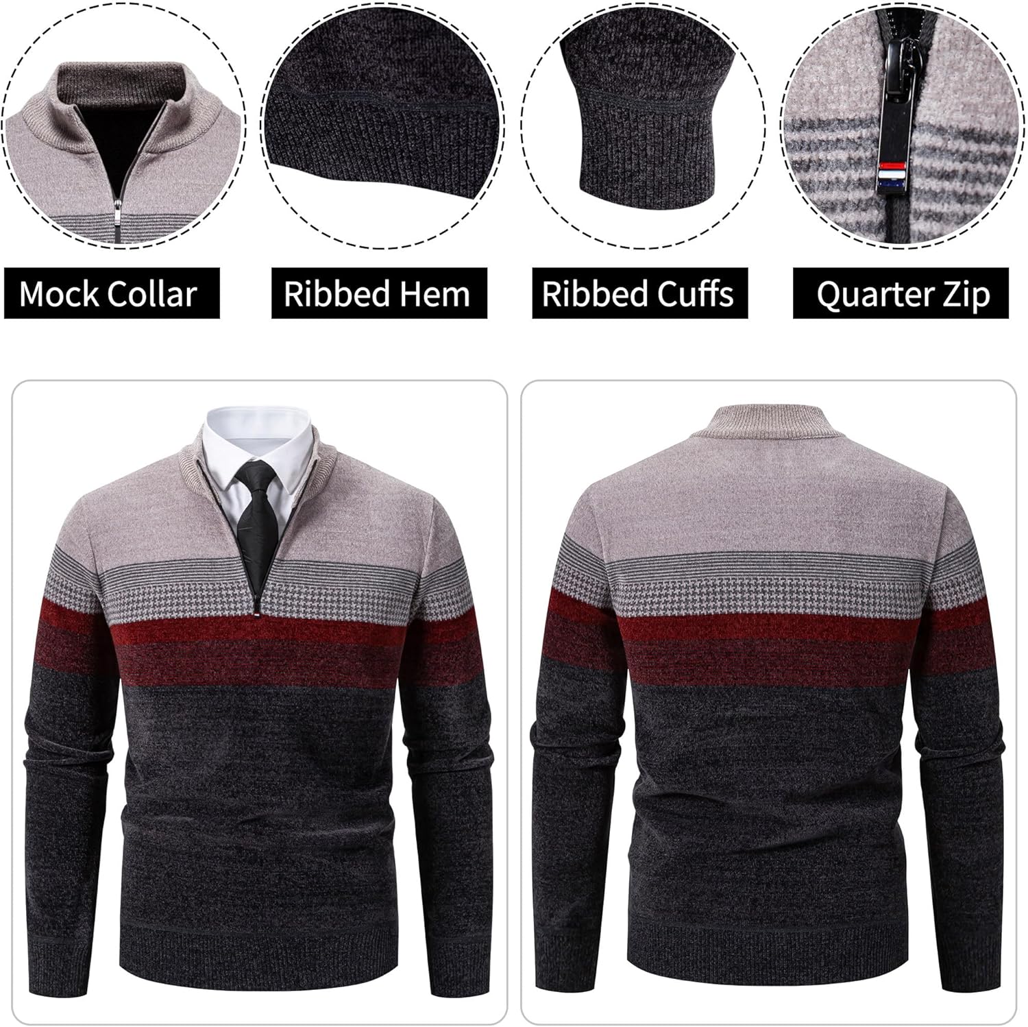 Mens Quarter Zip Pullover Mock Neck Slim Fit Striped Knit Sweaters Casual Fall Winter Lightweight Polo Sweater - Image 3