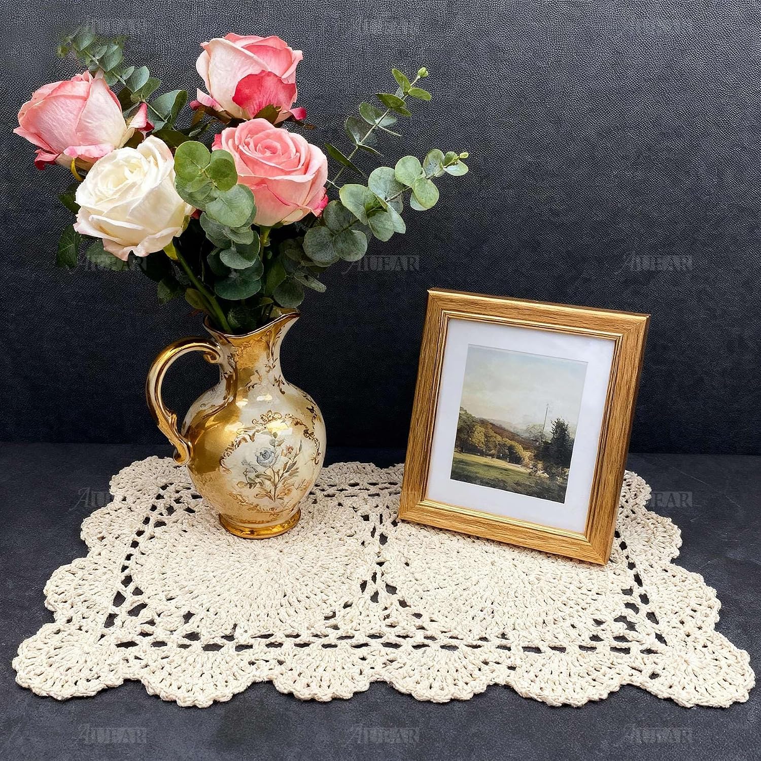 AUEAR, 2 Pcs Crochet Cotton Lace Placemats Doilies Rectangle Doily Beige Handmade for Dressers and End Tables, 17 * 9.5 inch